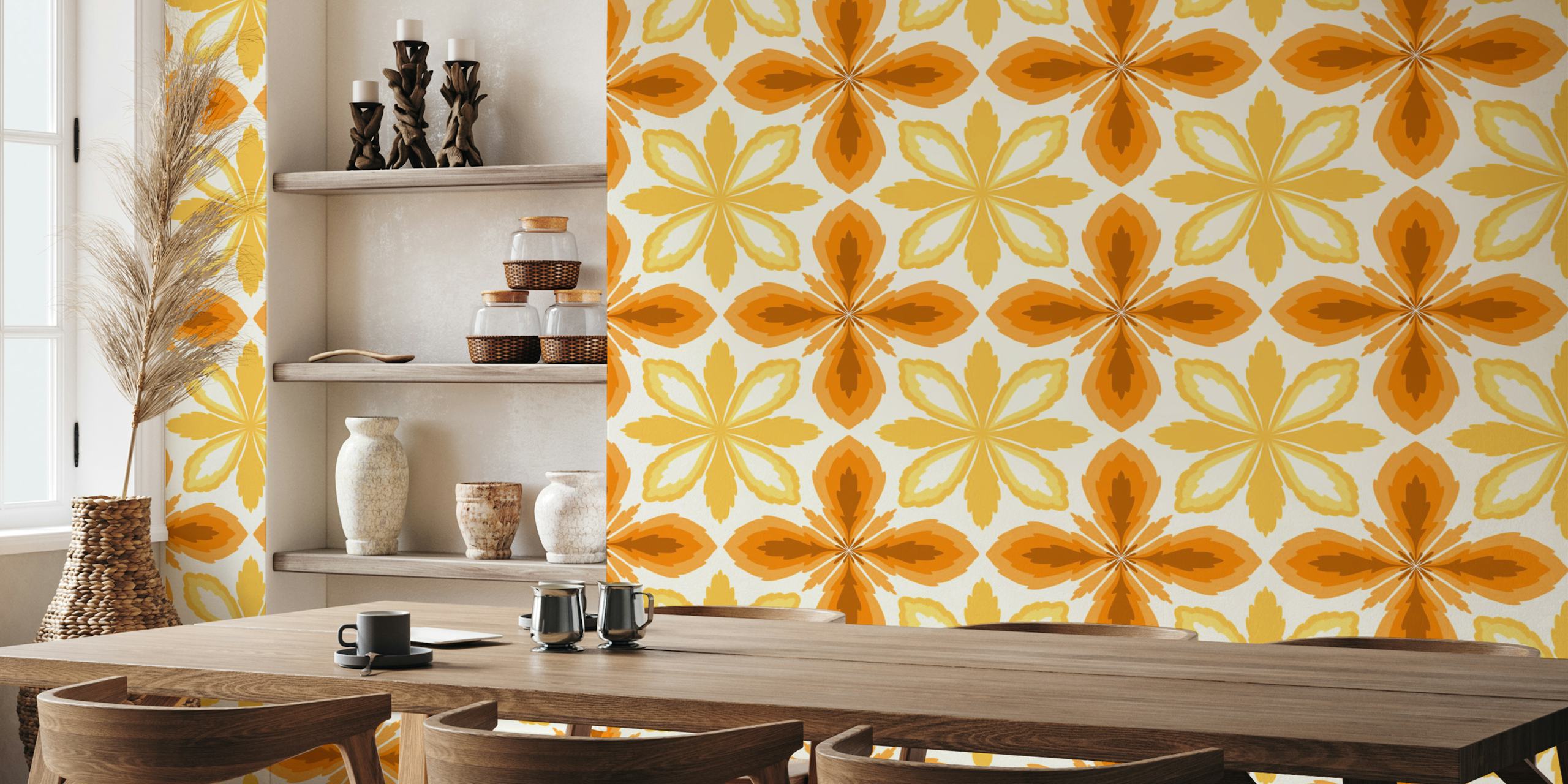 Ornate yellow and orange tile wallpaper in a room