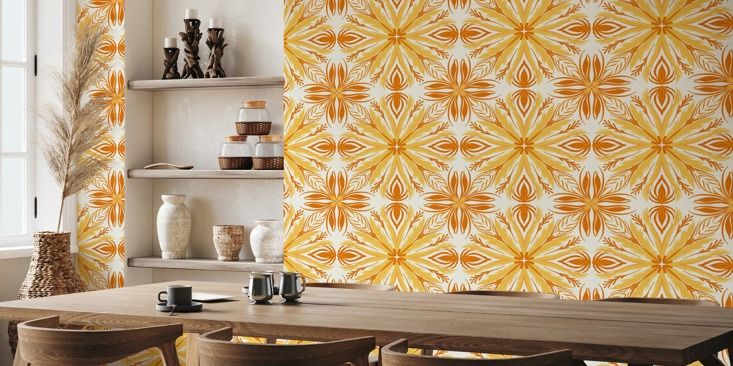 Floral ornate pattern in yellow and orange wallpaper