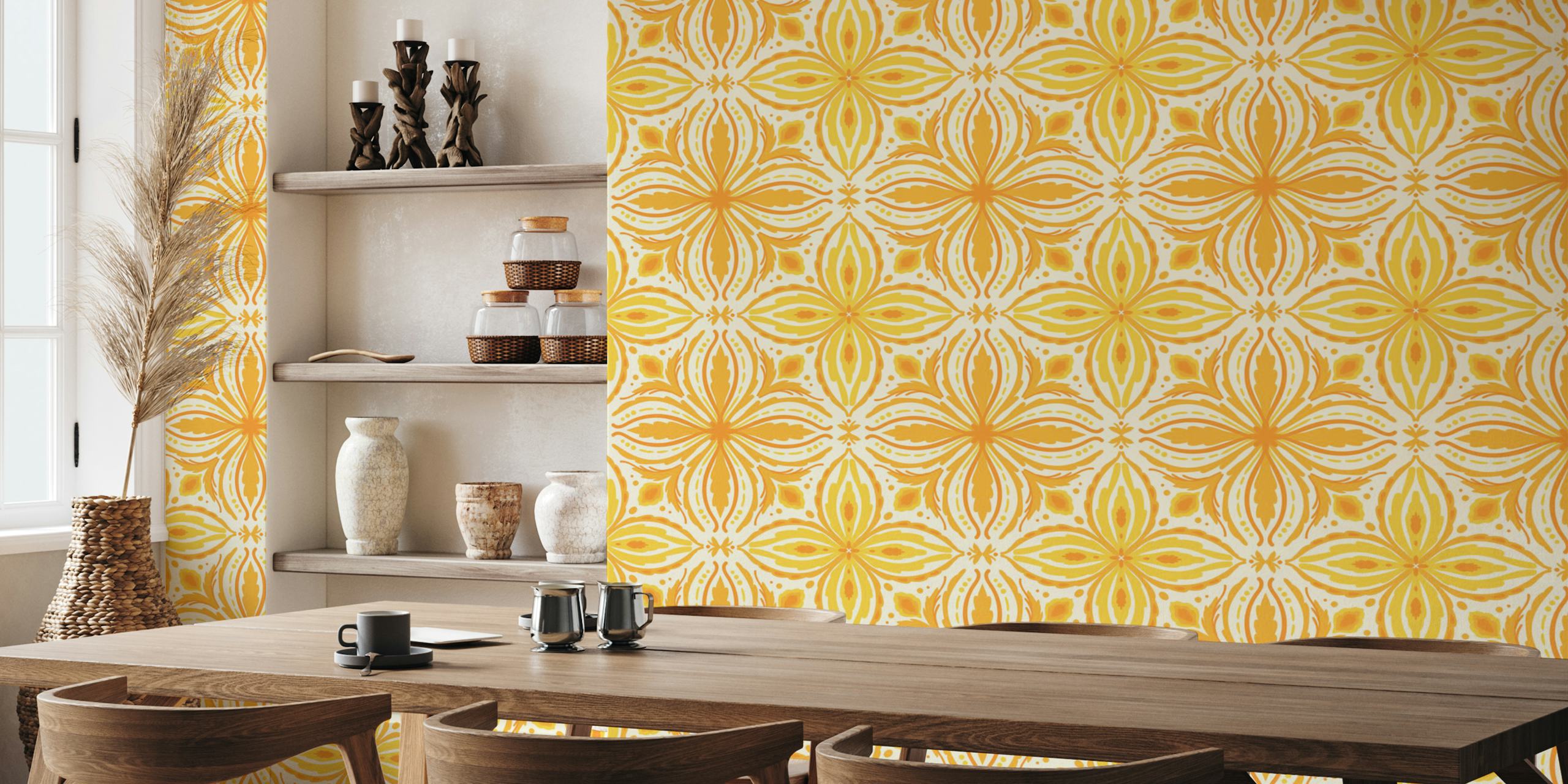 Symmetrical ornate tile pattern wall mural in yellow and orange