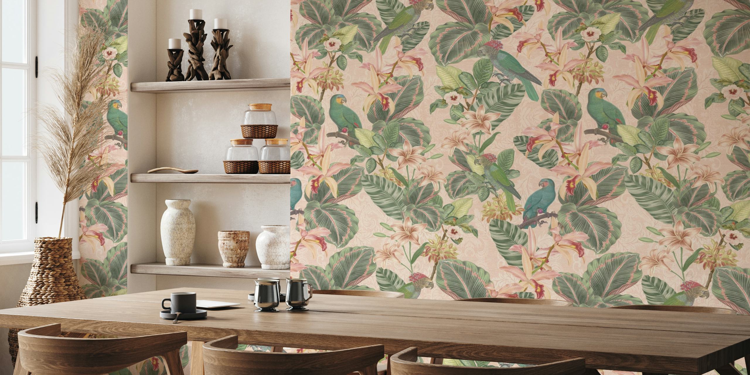 Vintage Jungle Parrots Pink wallpaper design