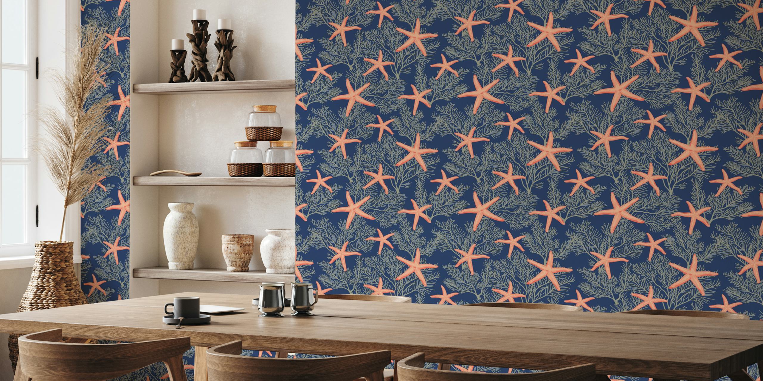 Starfishes on blue classic navy tapeta w pokoju