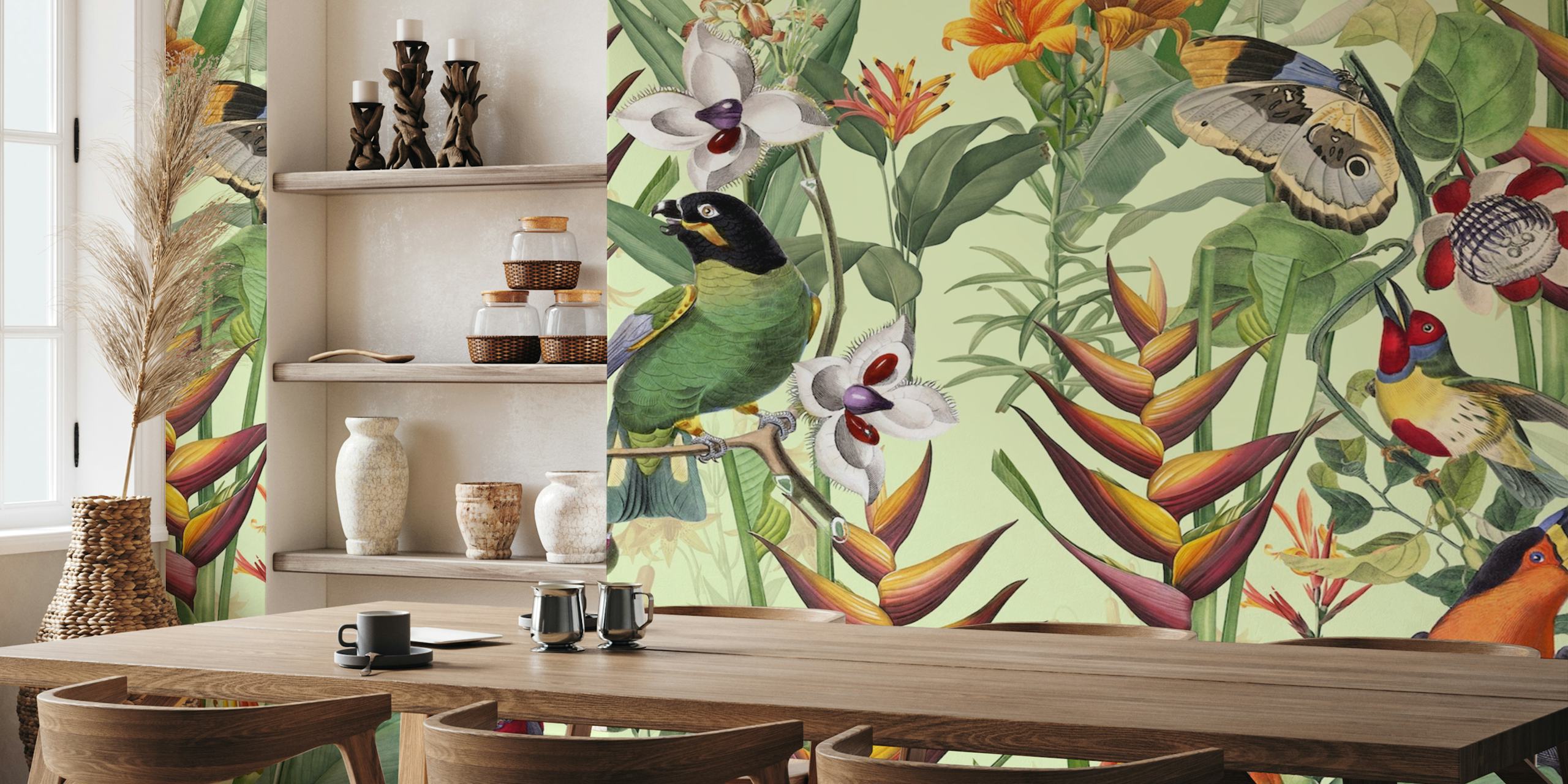 Tapet på tropiske fugler og eksotiske blomster