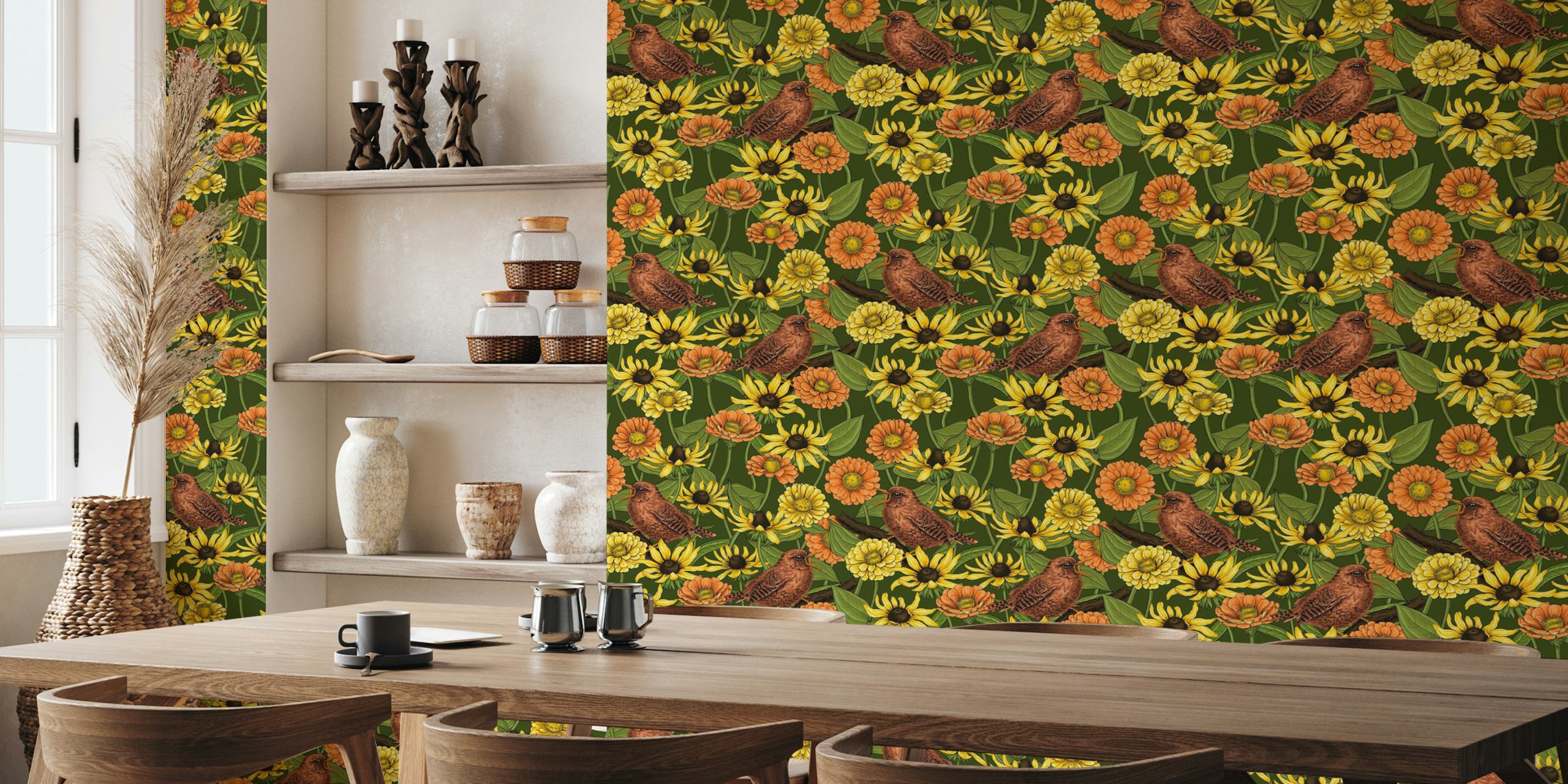 Wrens perched among yellow and orange flowers on a green background wall mural