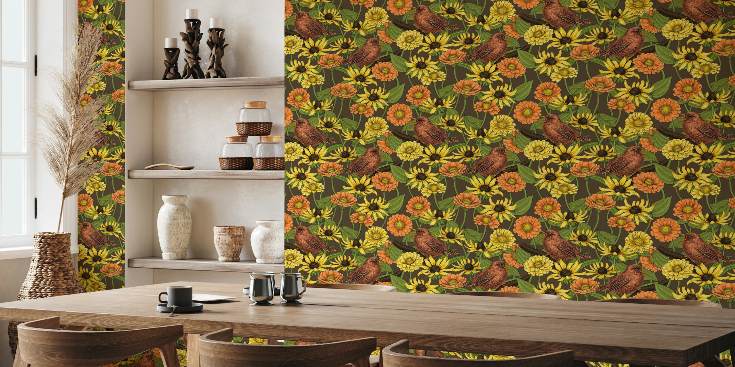 Wrens and flowers wallpaper decor