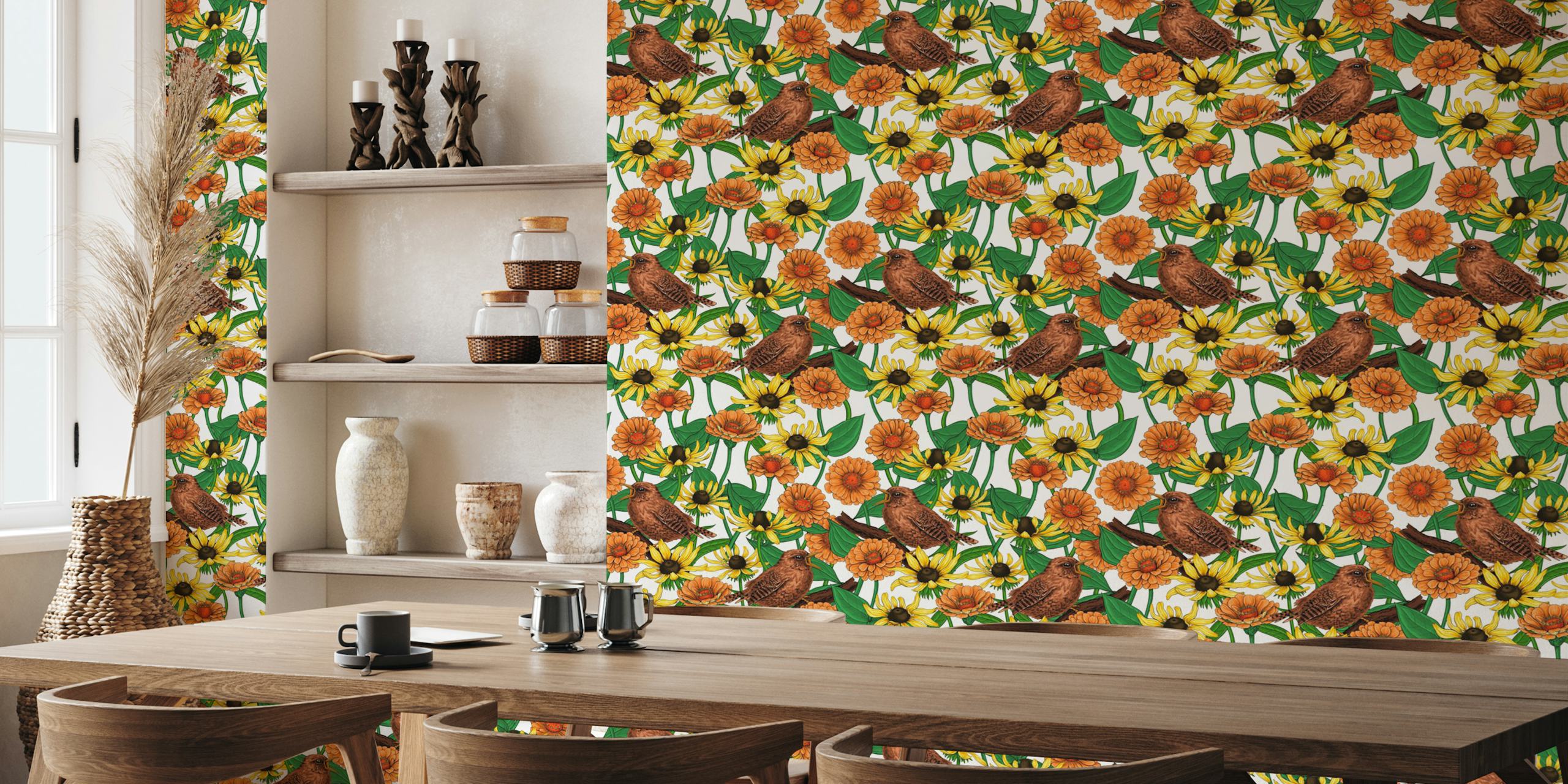 Brown wrens and vibrant orange and yellow flowers wallpaper