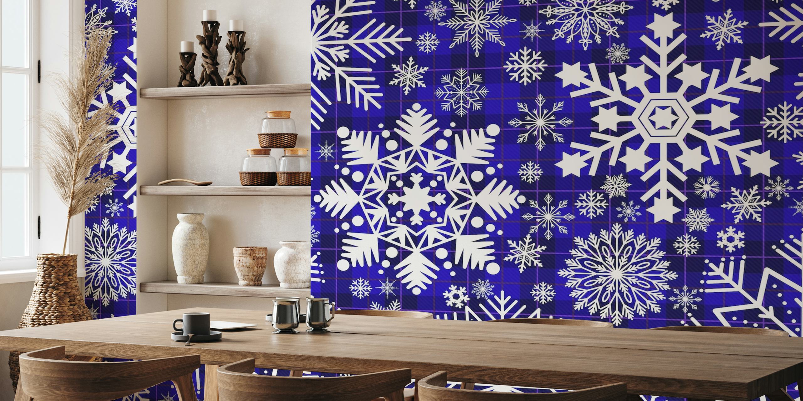Intricate white snowflakes pattern on a deep blue tartan background wall mural