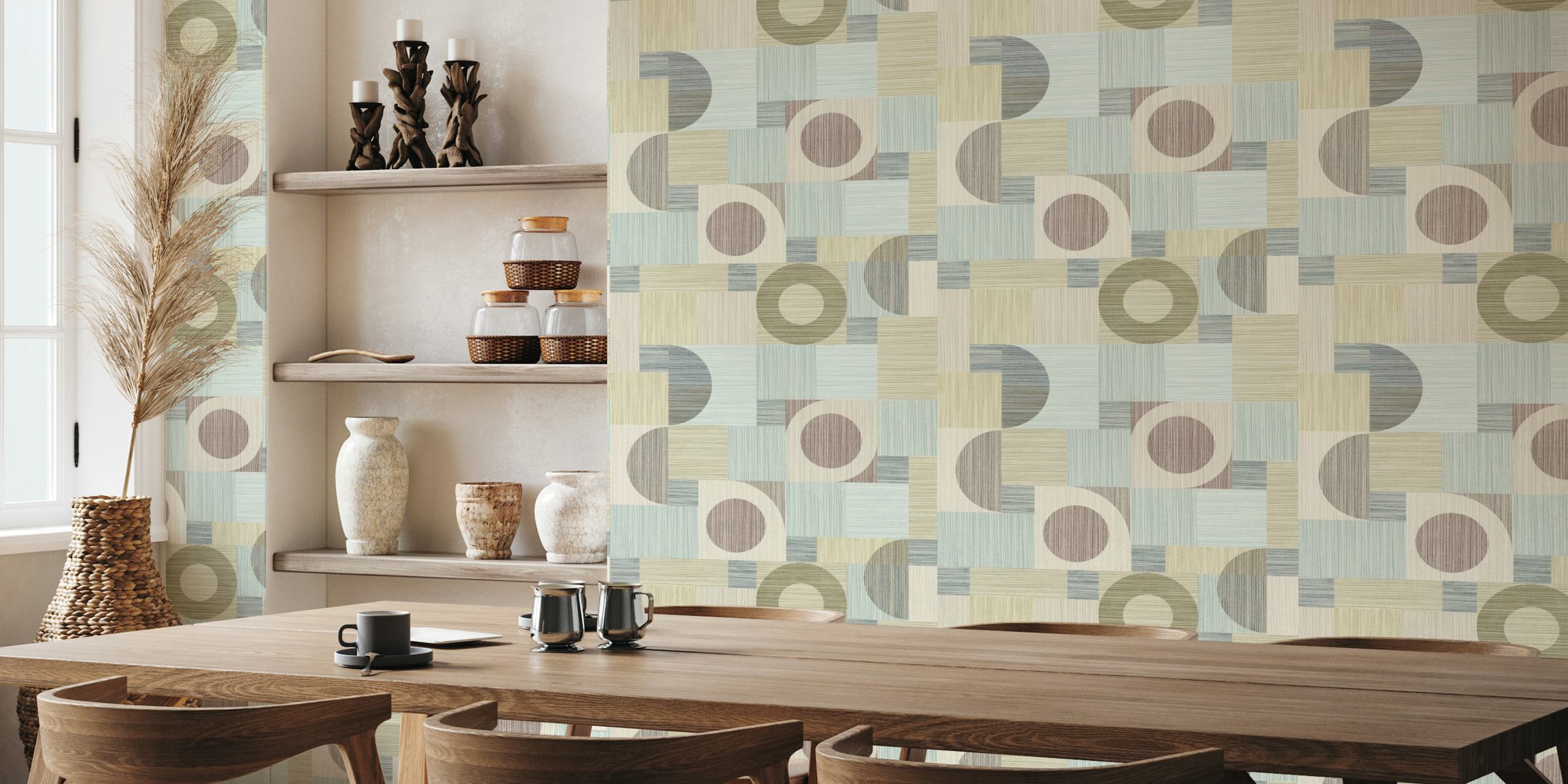 Geo-Stripes wall mural with beige and grey geometric stripes and circles