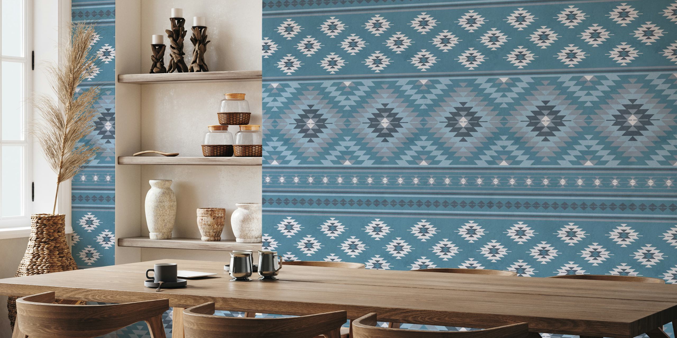 Kilim striped pattern in slate denim blue with geometric shapes wallpaper