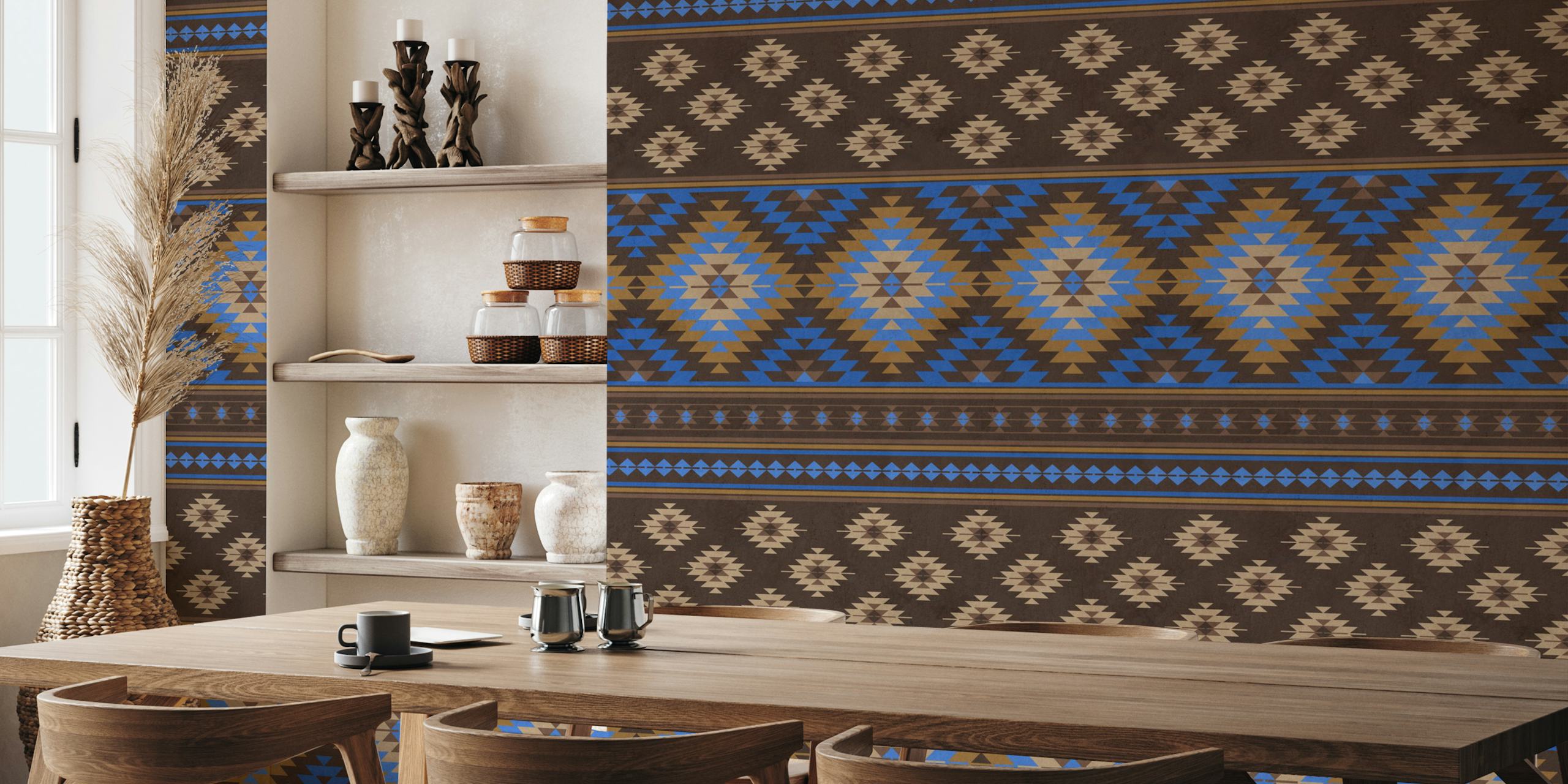 Kilim striped wallpaper featuring blue, beige, and brown geometric patterns