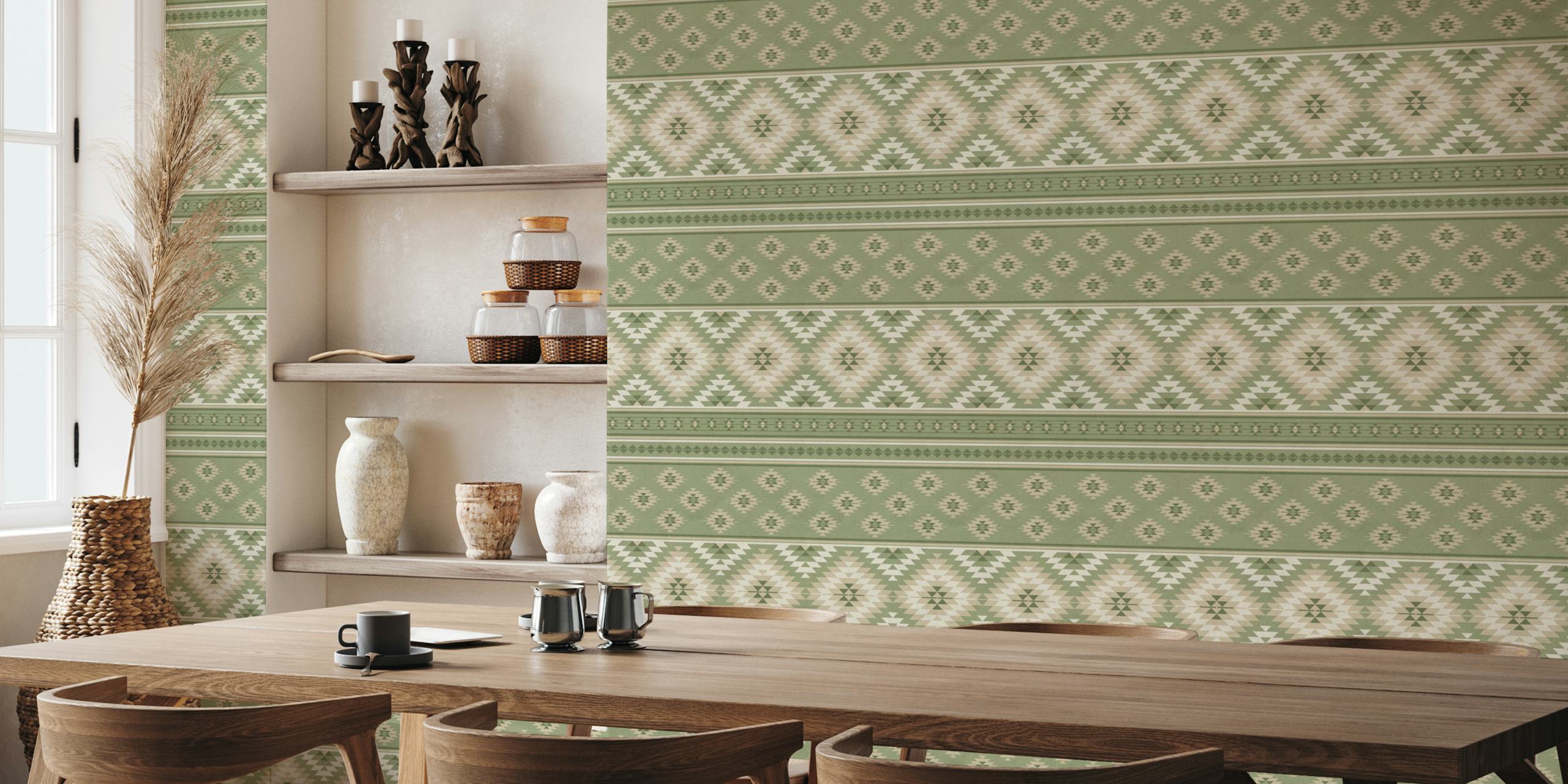 Kilim Stripes veggmaleri i oliven salviegrønn og beige med geometriske mønstre