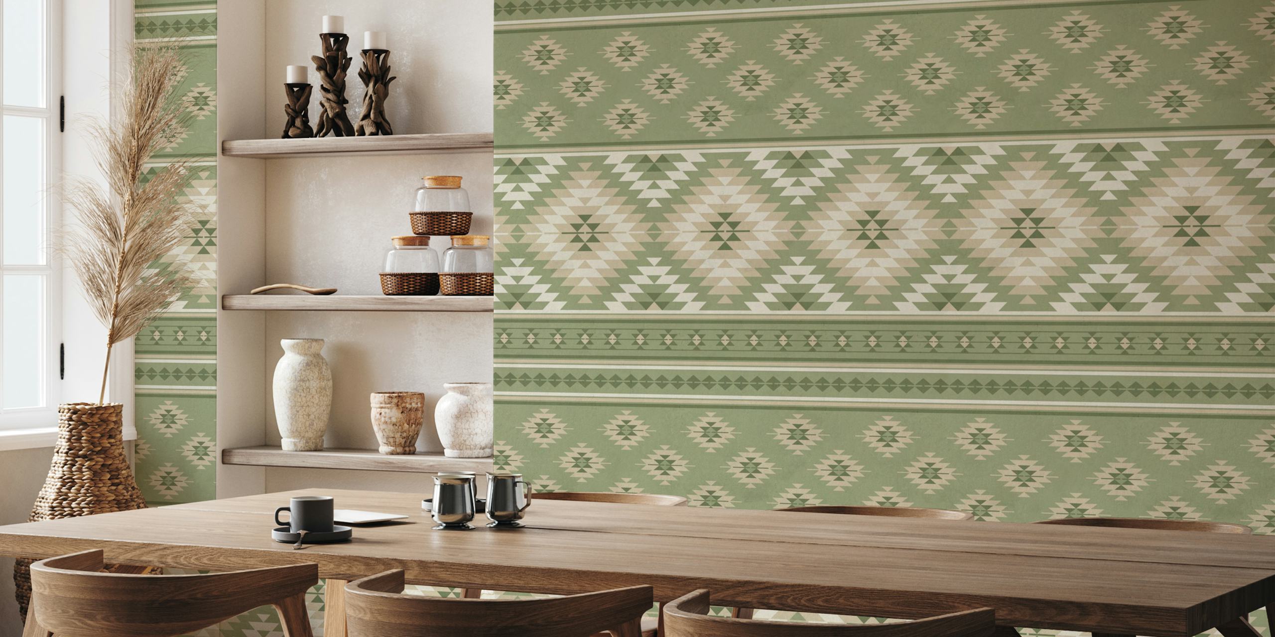 Olive sage green and beige Kilim striped wallpaper with geometric patterns