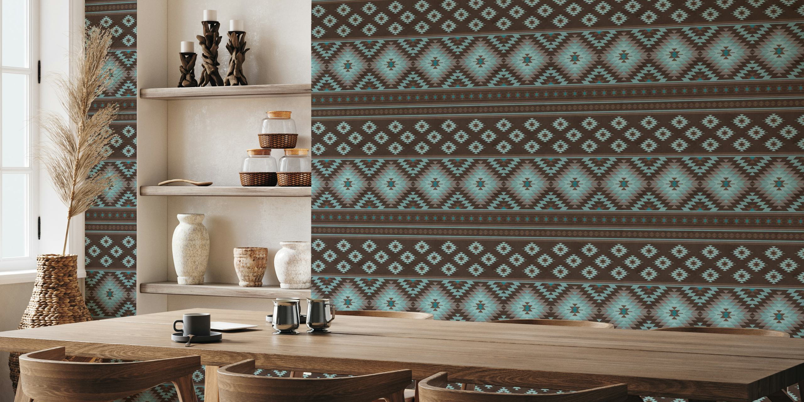 Kilim stripes in brown and blue wallpaper in a room
