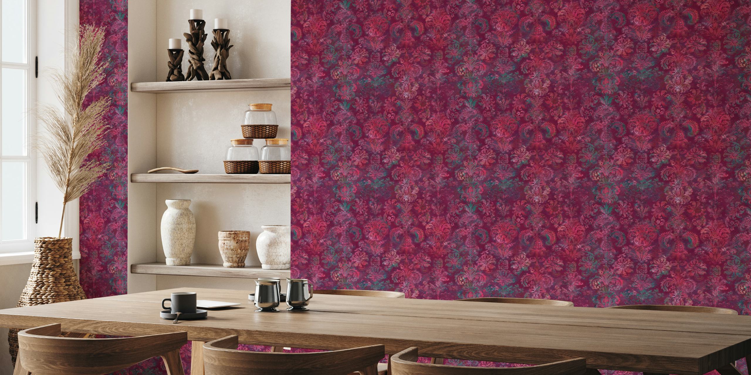 Grunge Damask Pattern in Burgundy Emerald