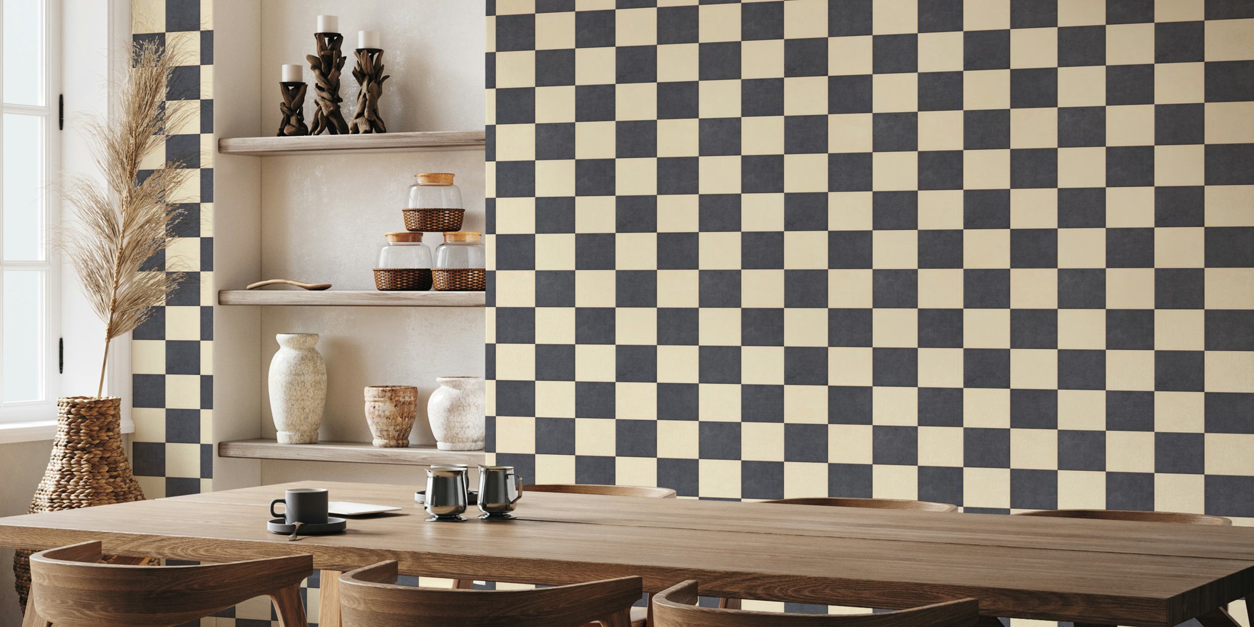 Checkerboard pattern in black and beige wallpaper