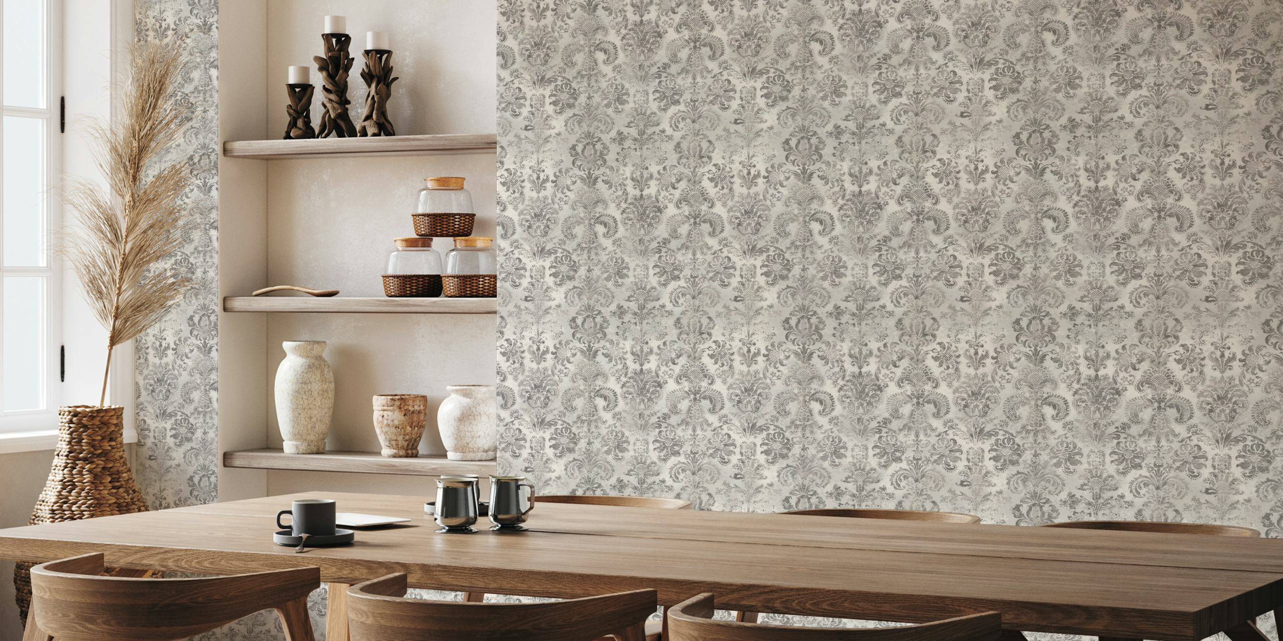 Damask pattern in cappuccino grey and cream wallpaper