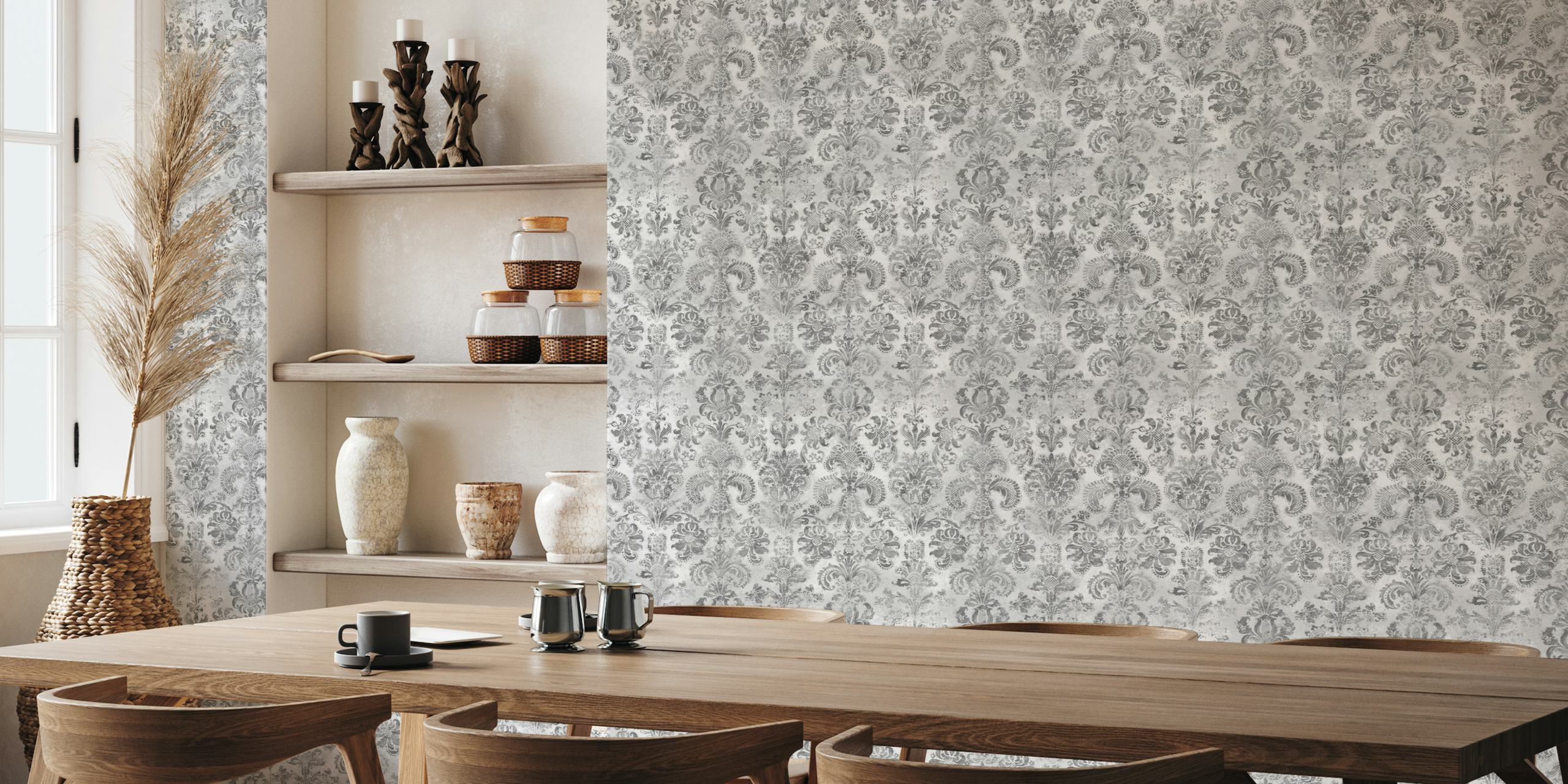 Grunge damask pattern grey white wallpaper