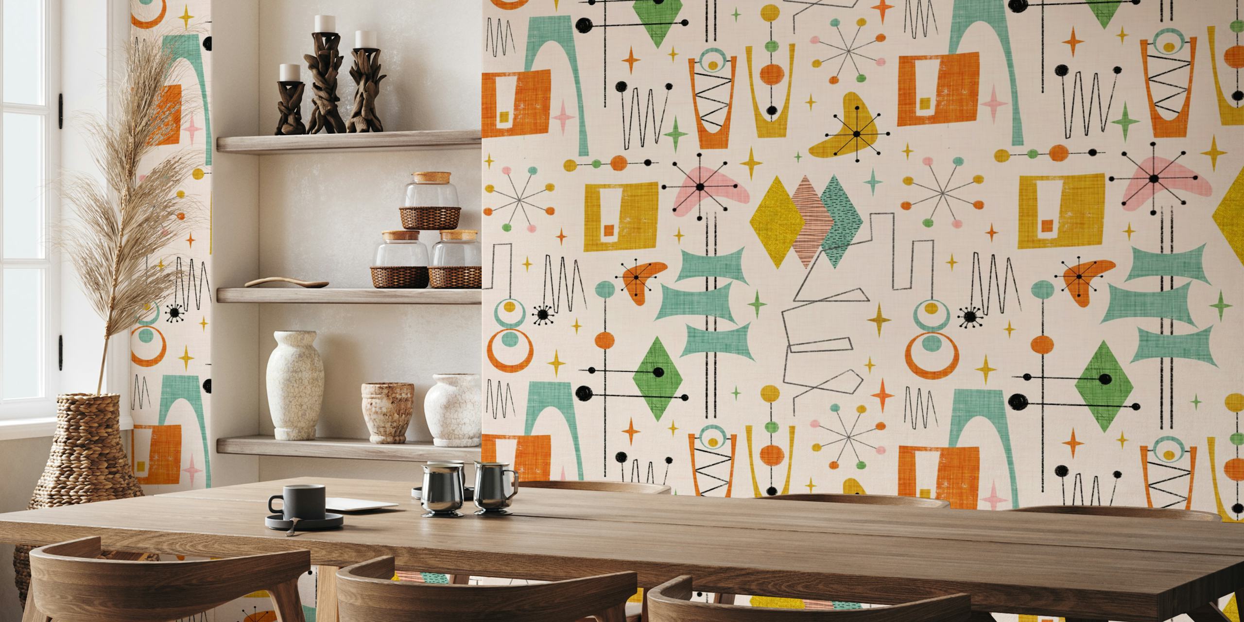Retro space age inspired wall mural with mid-century modern shapes and celestial motifs