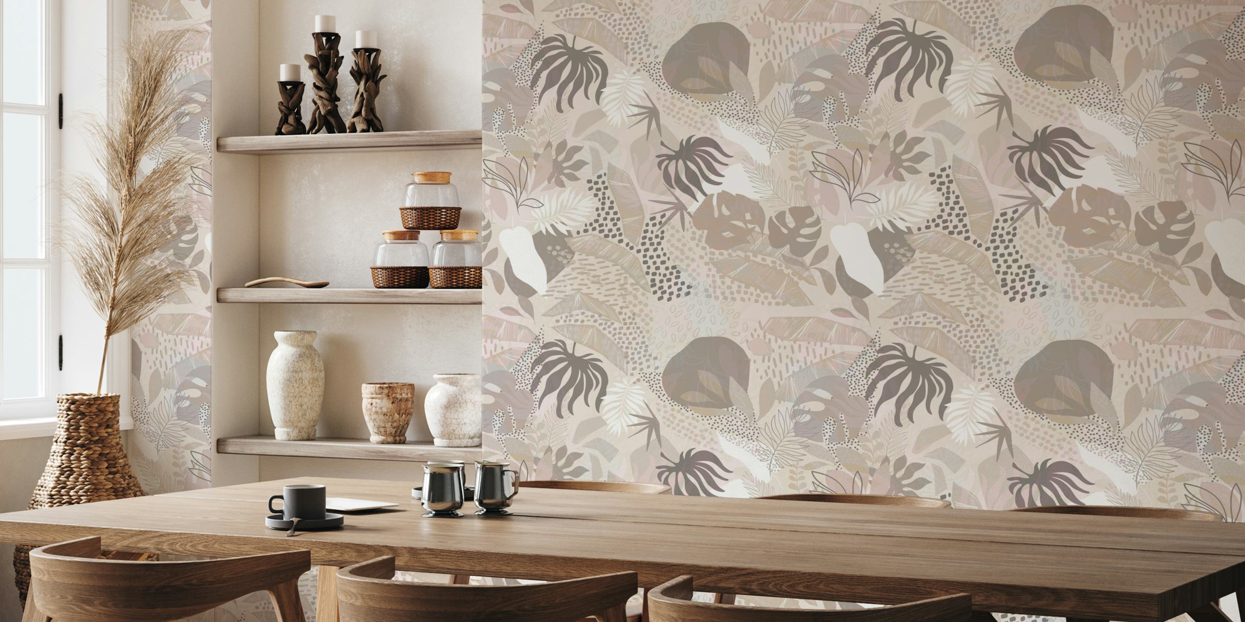 Ανοιχτόχρωμο Tropical Boho Foliage Τοιχογραφία Με Λεπτά Φυτικά Σχέδια