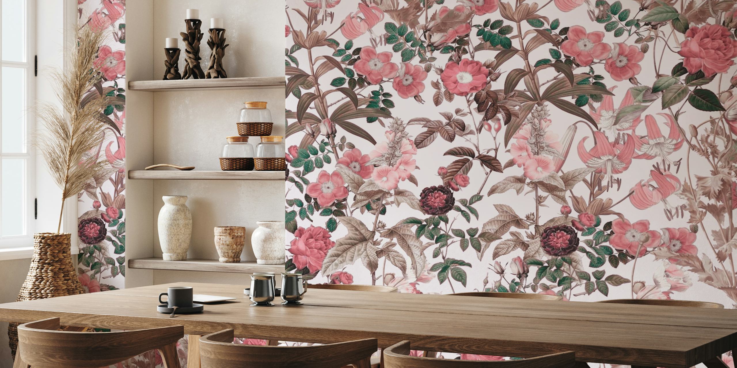 Murale Maria River Red représentant des fleurs rouges et un feuillage vert sur un fond doux