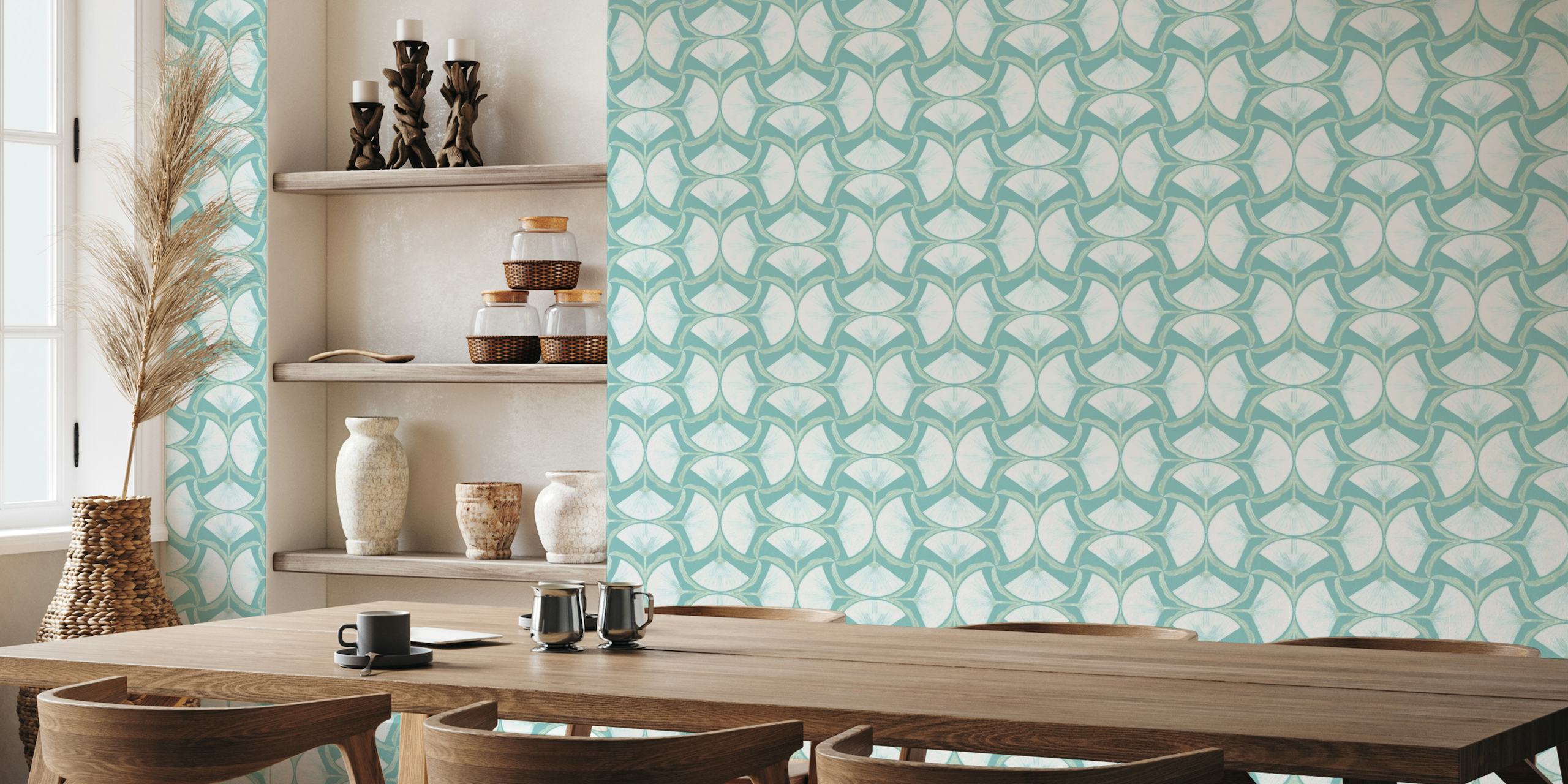 Teal floral wall mural with tranquil symmetry for interior decor