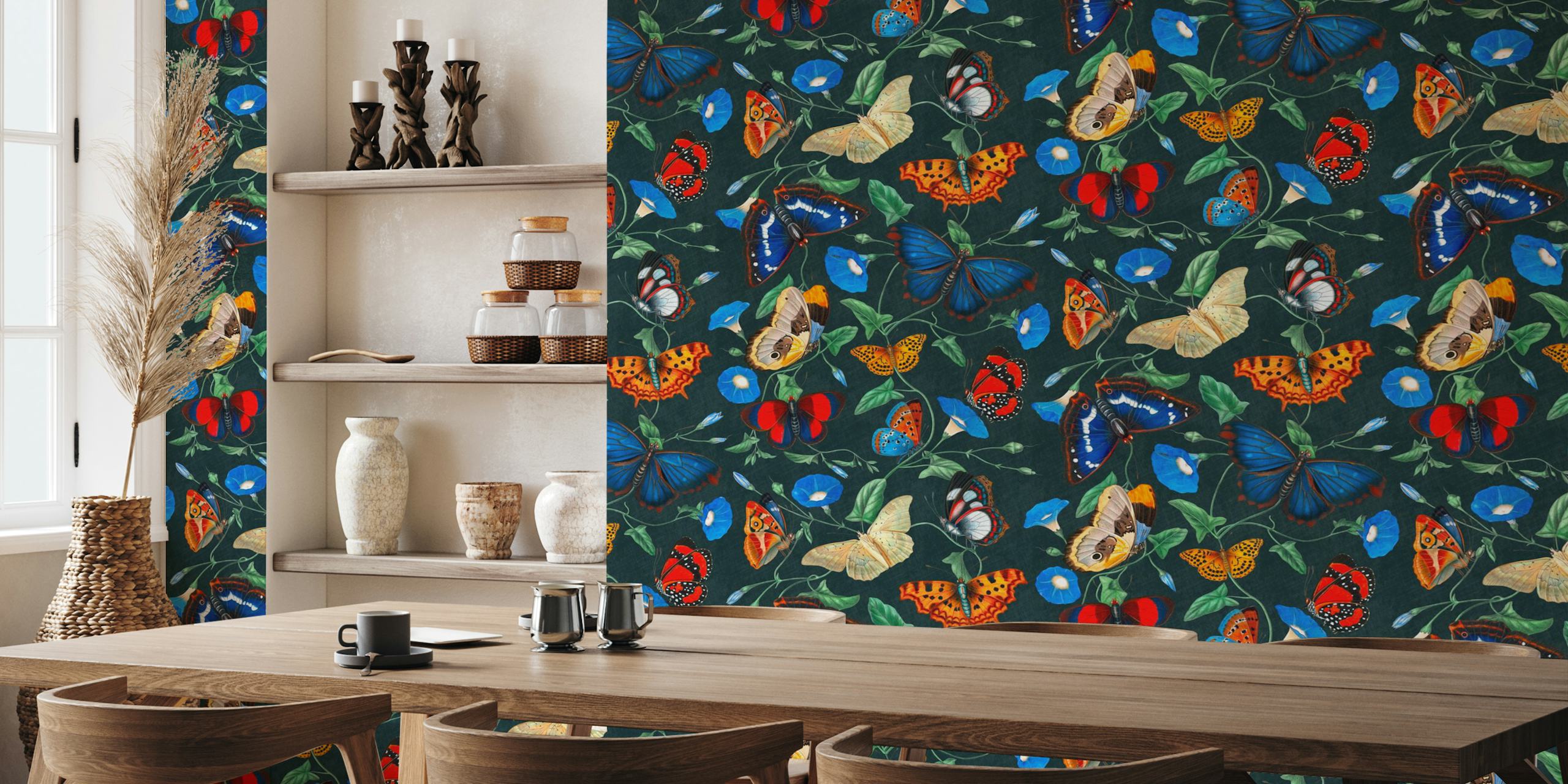 Papillonia - Morning Glory with Butterflies in pine green in einem Raumsetting