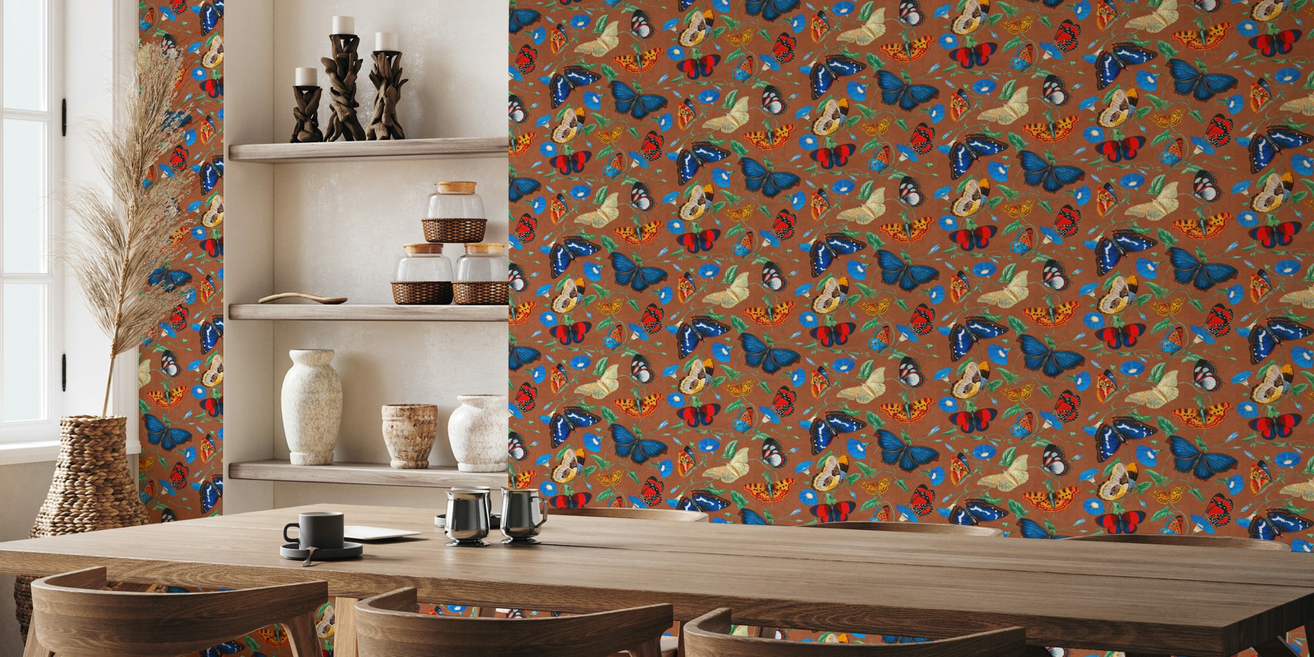 Colorful butterfly wallpaper in a room