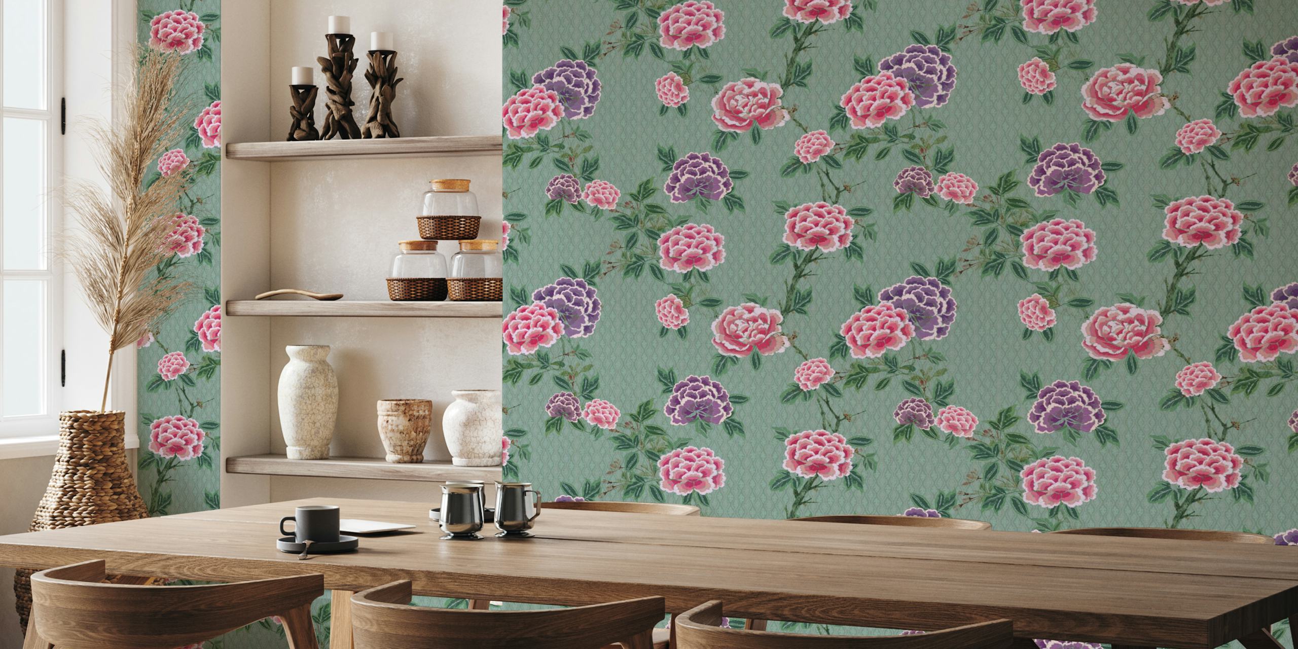 Chinoiserie floral pattern in pink and purple on teal wallpaper