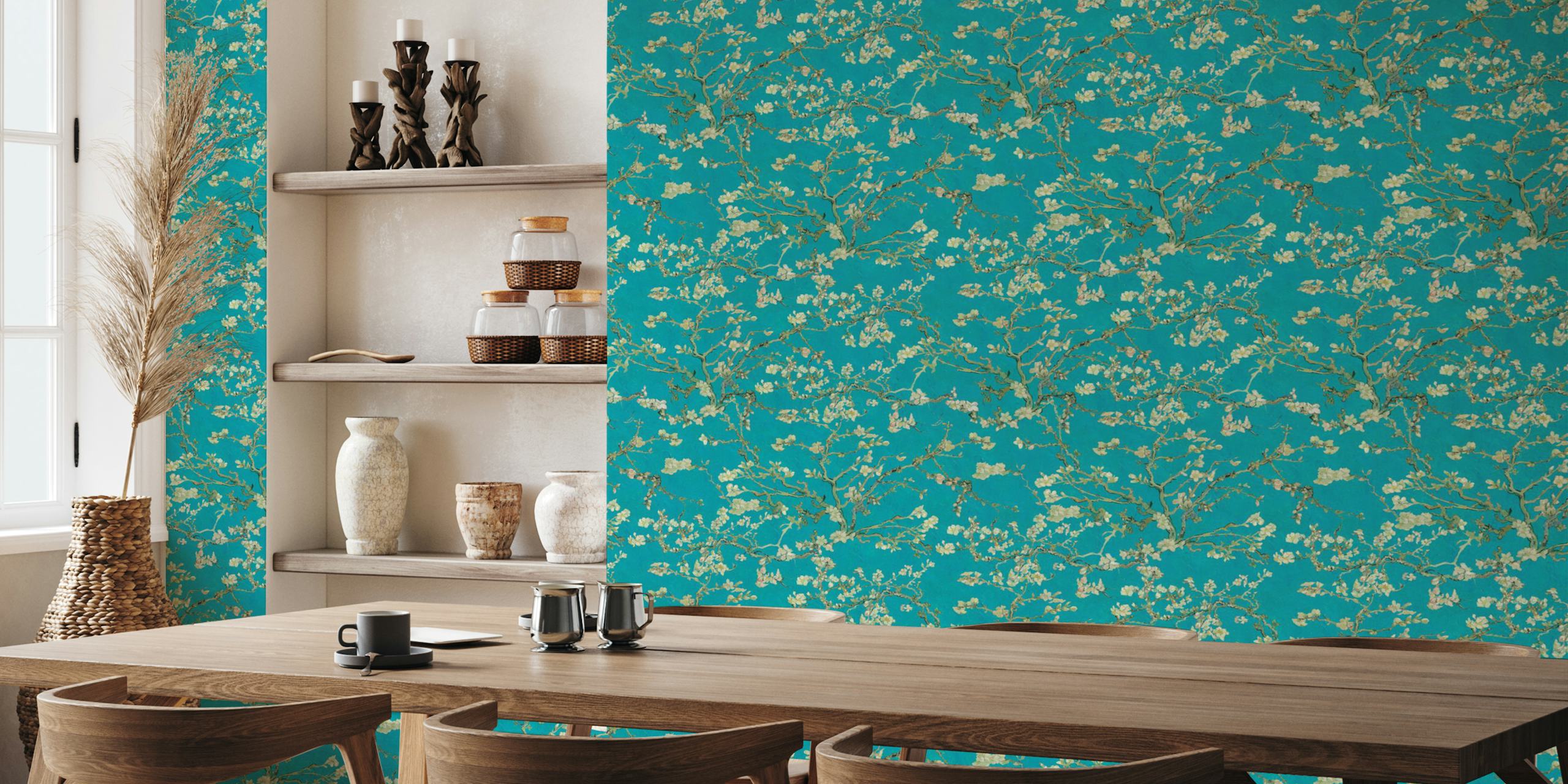 Almond blossom art by Van Gogh on a teal blue background with sage and olive green accents for wall mural