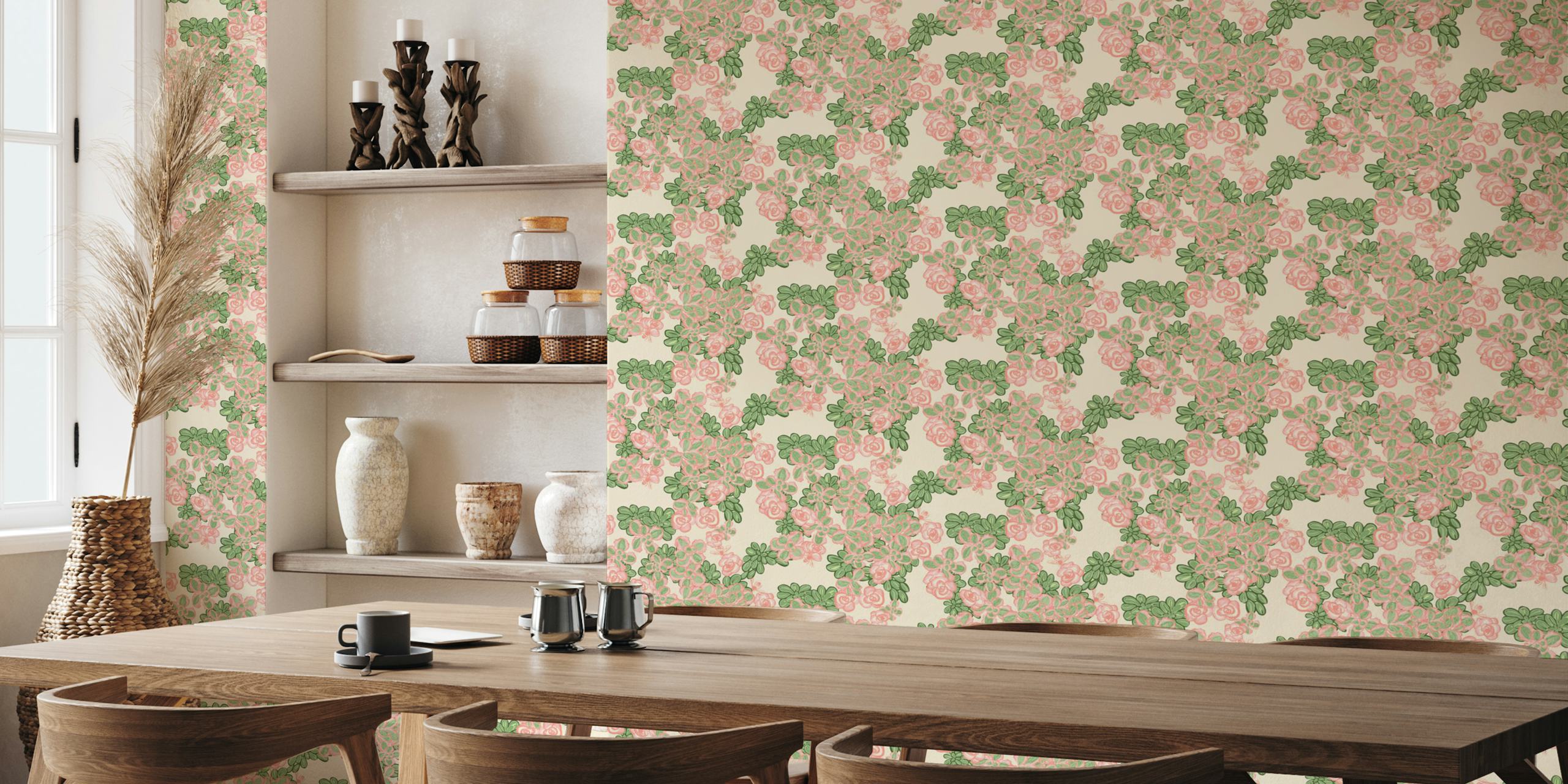 Pink and green floral pattern on antique white wallpaper