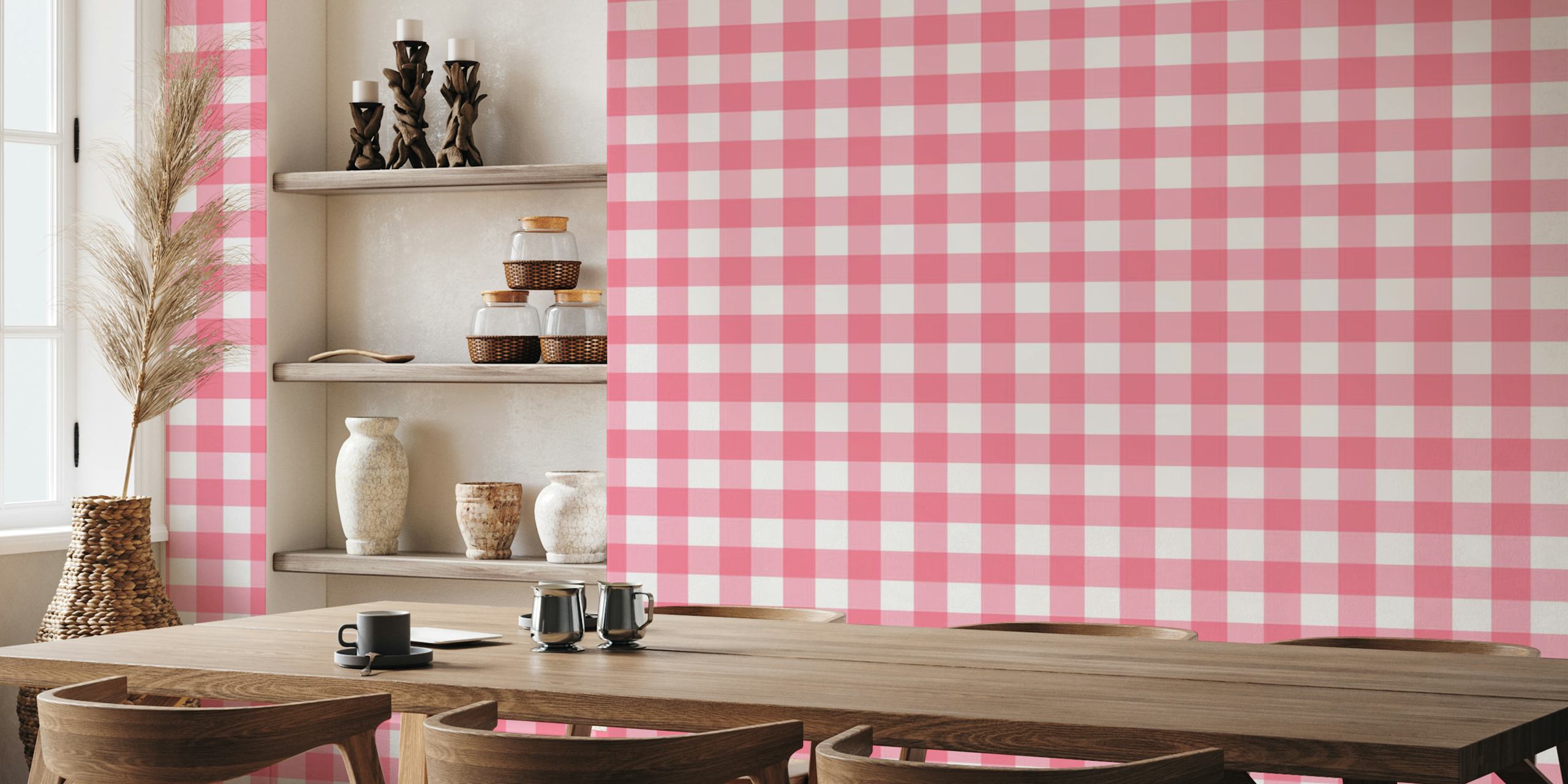 Pink and white checked pattern wallpaper