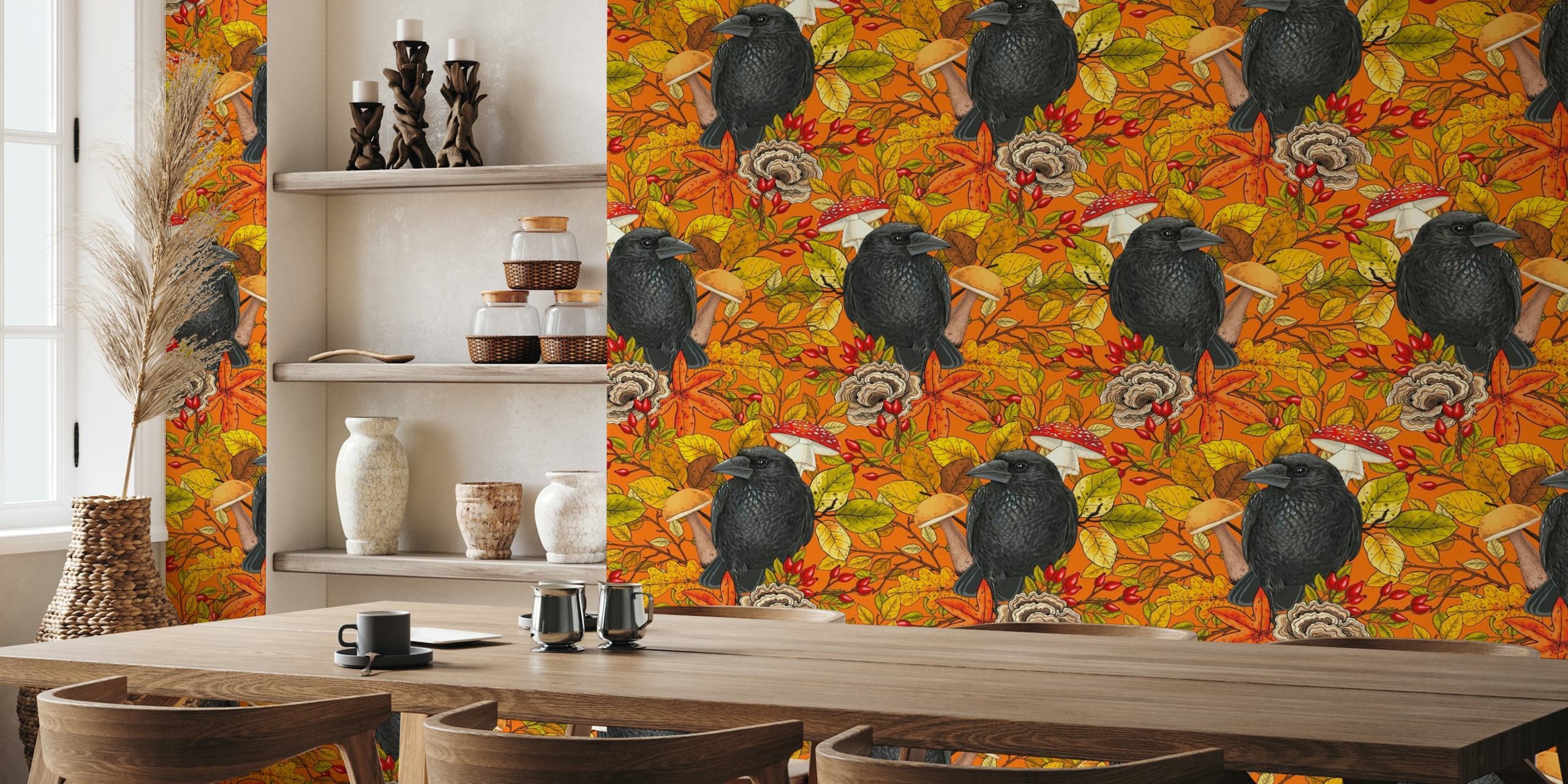 Autumn raven on orange wallpaper