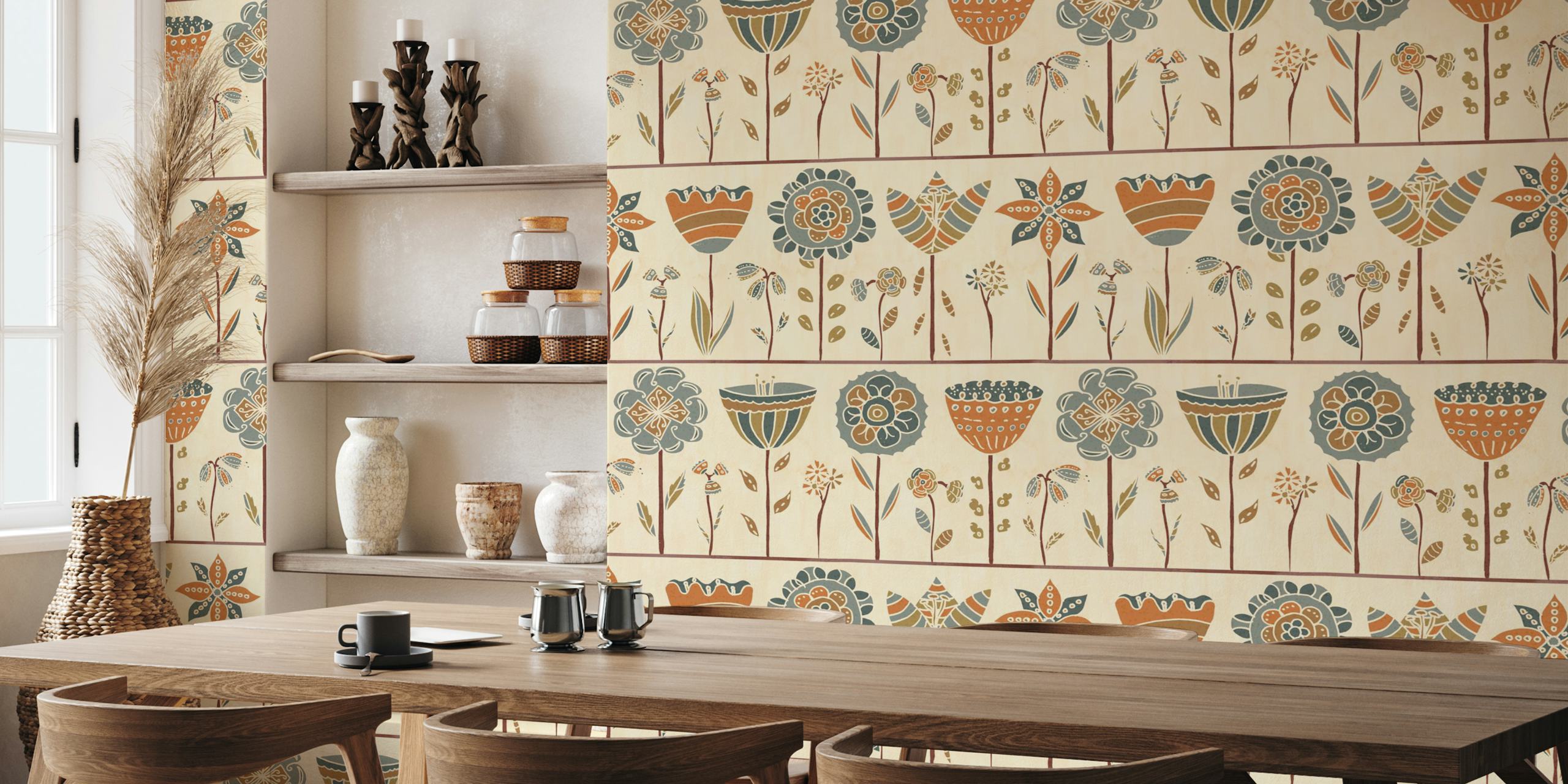 Scandinavian floral garden wallpaper in a room
