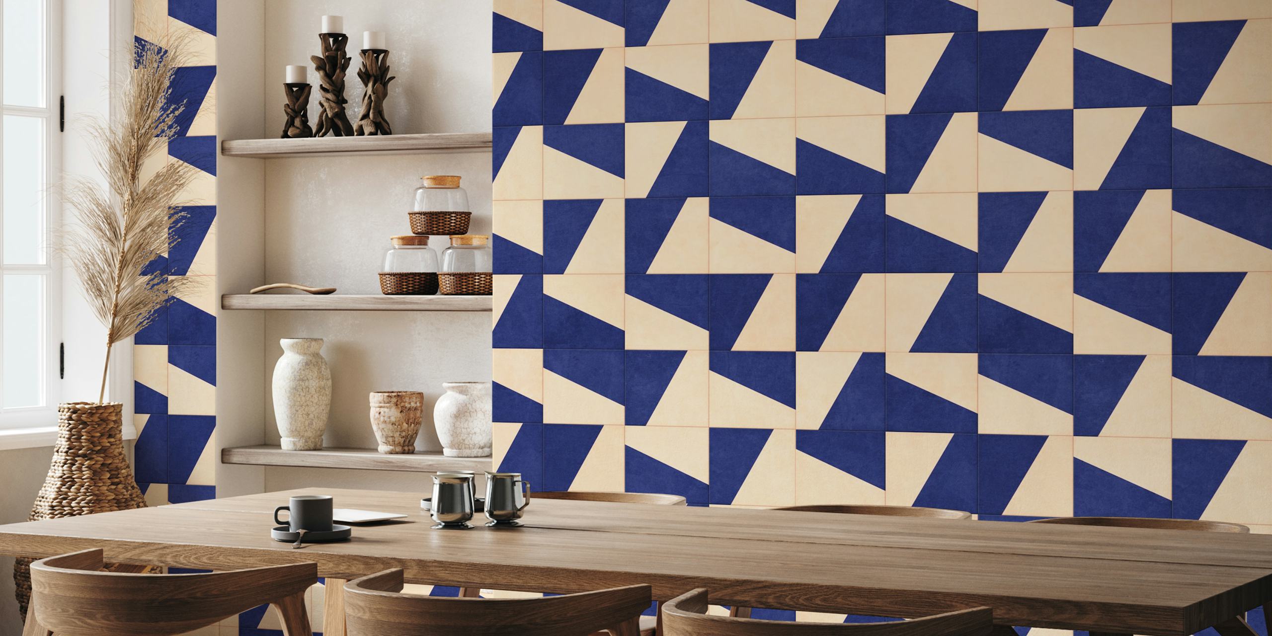 Geometric navy and peach pattern wallpaper design