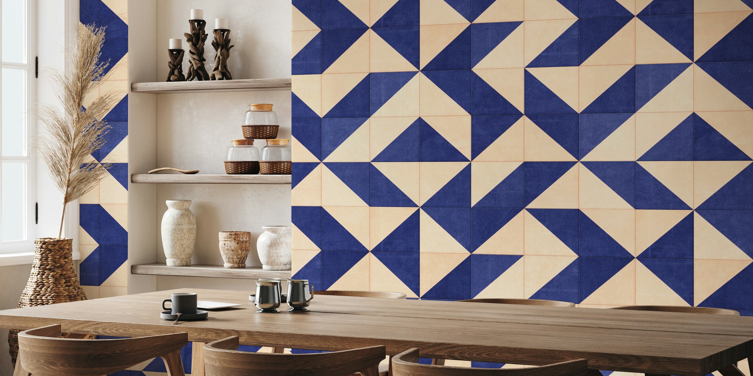 Tiles 007 A - Veggdekor Med Geometrisk Mønster I Blå Og Beige Nyanser