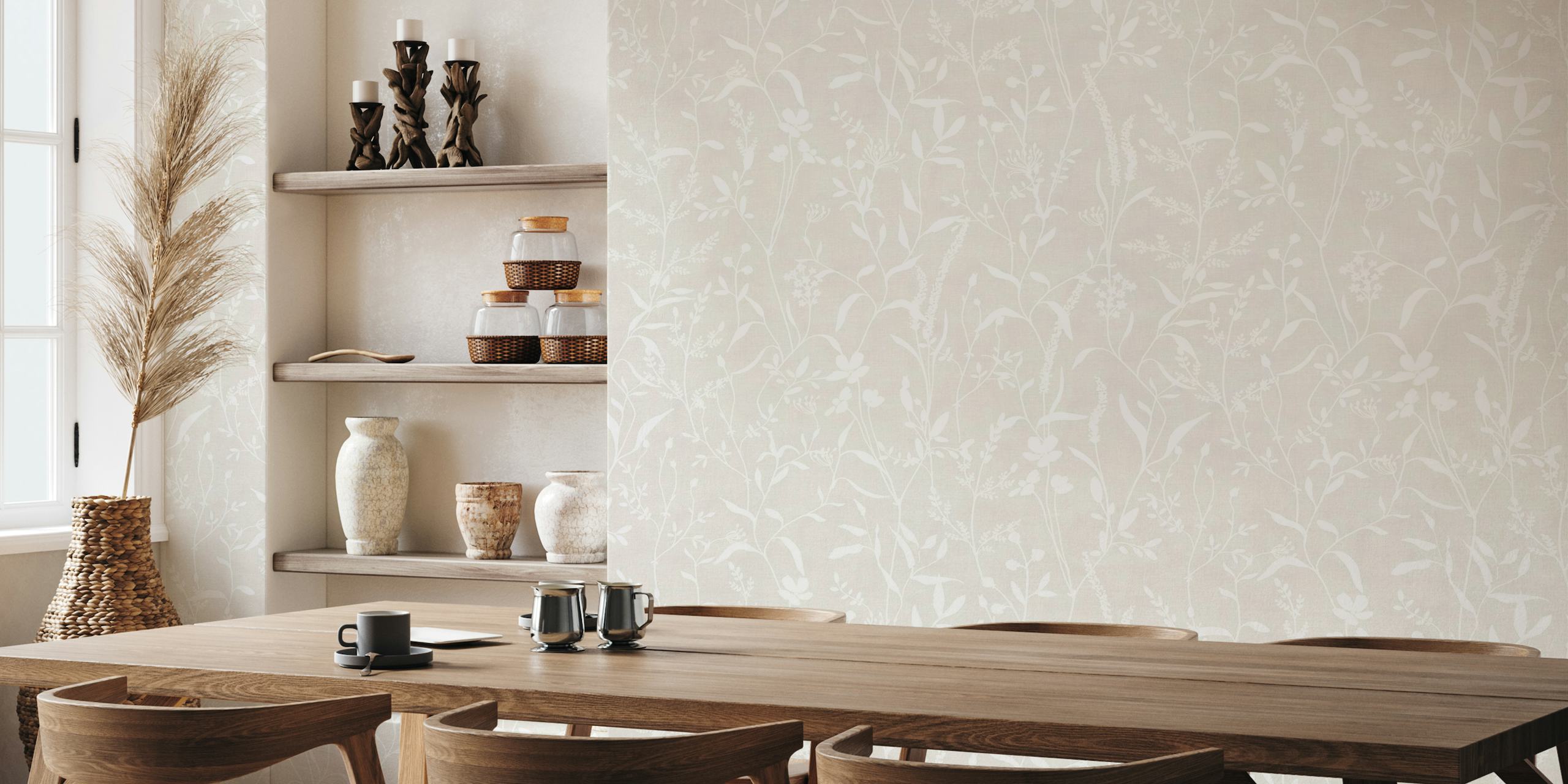 Monochrome botanicals neutral beige wallpaper