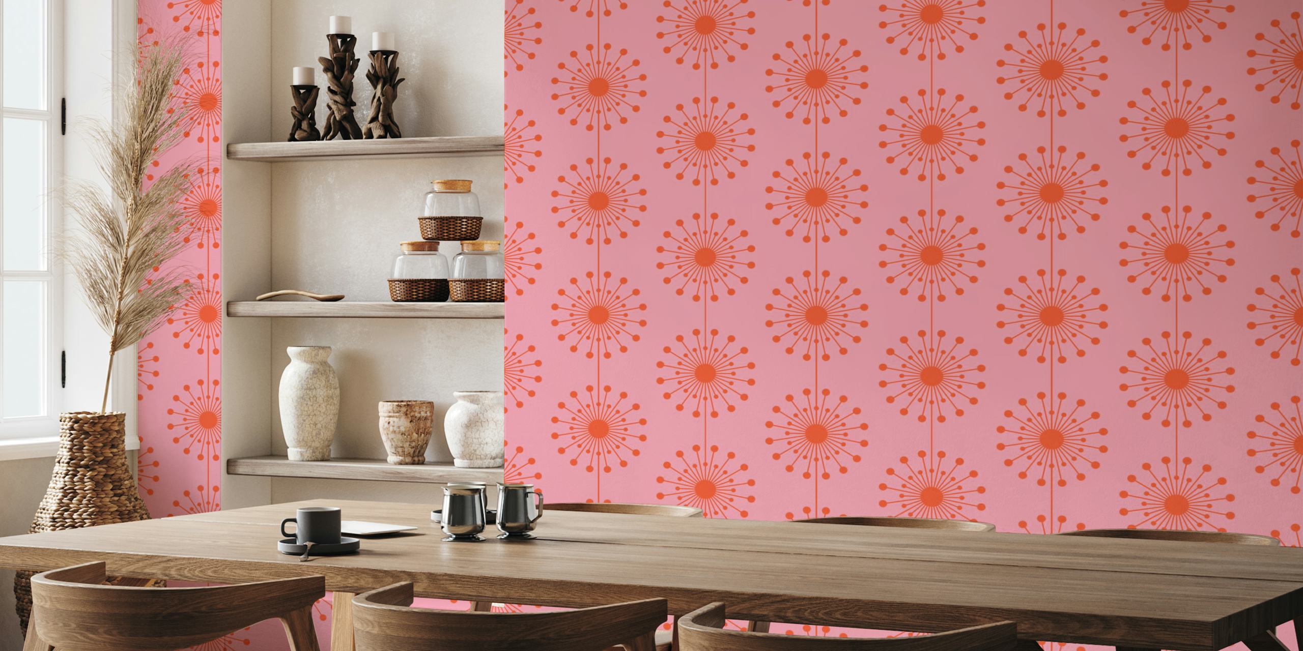 Midcentury modern floral pattern in pink and orange wallpaper