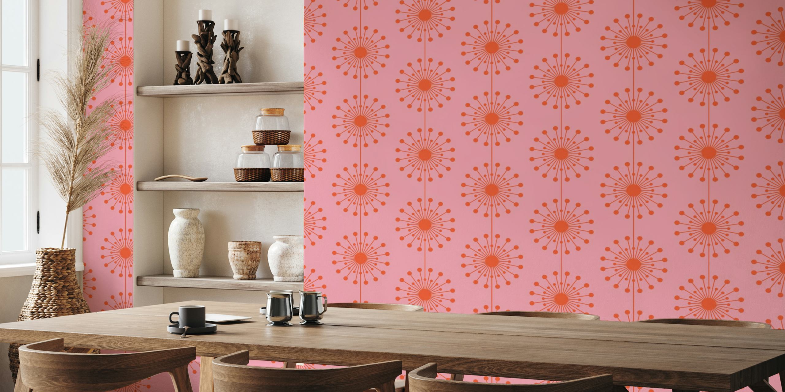 Midcentury moderni tyylinen voikukkakuvio vaaleanpunaisena ja oranssina seinämaalauksessa