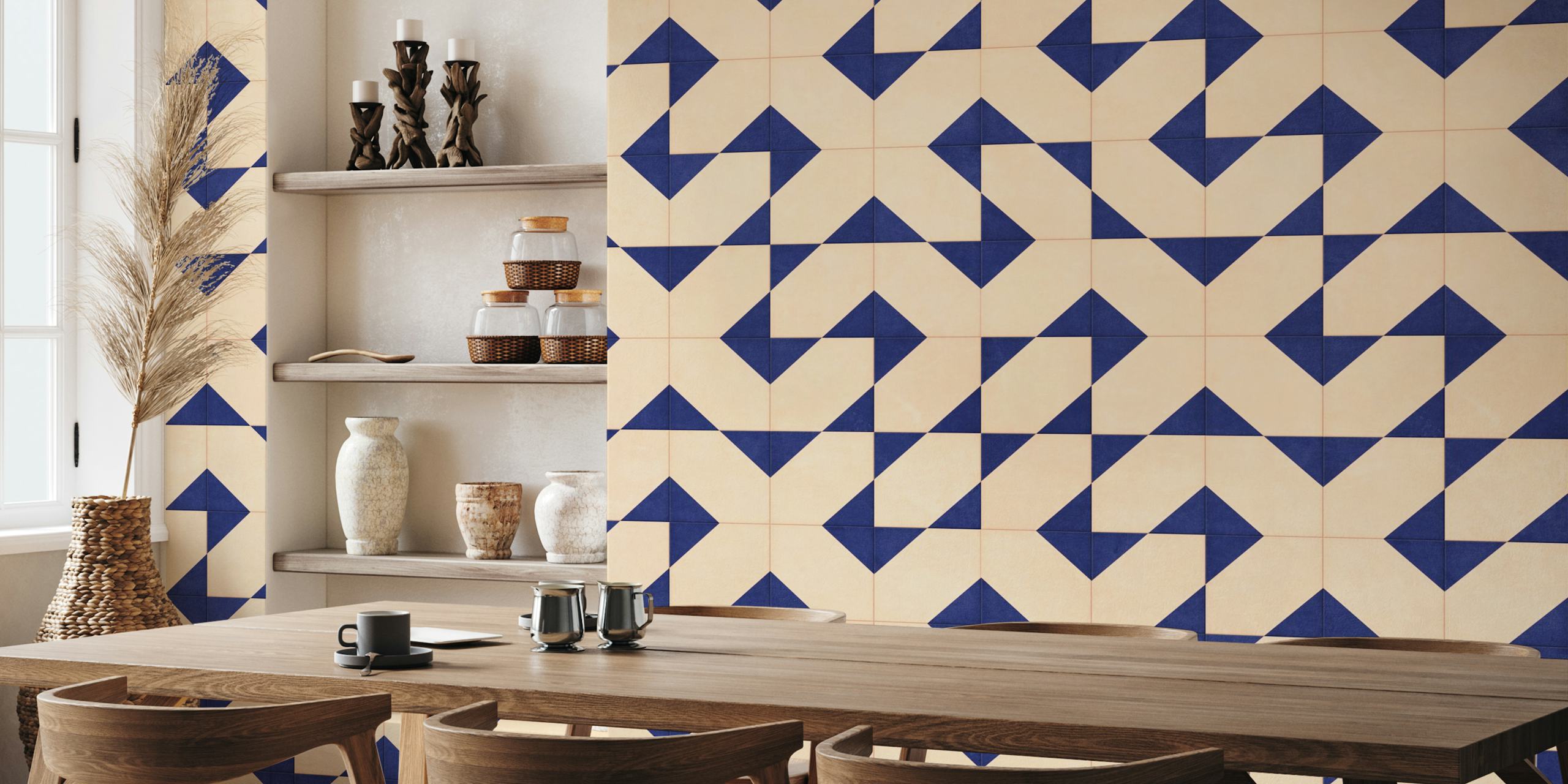 Veggmaleri med geometrisk beige og marine fliser