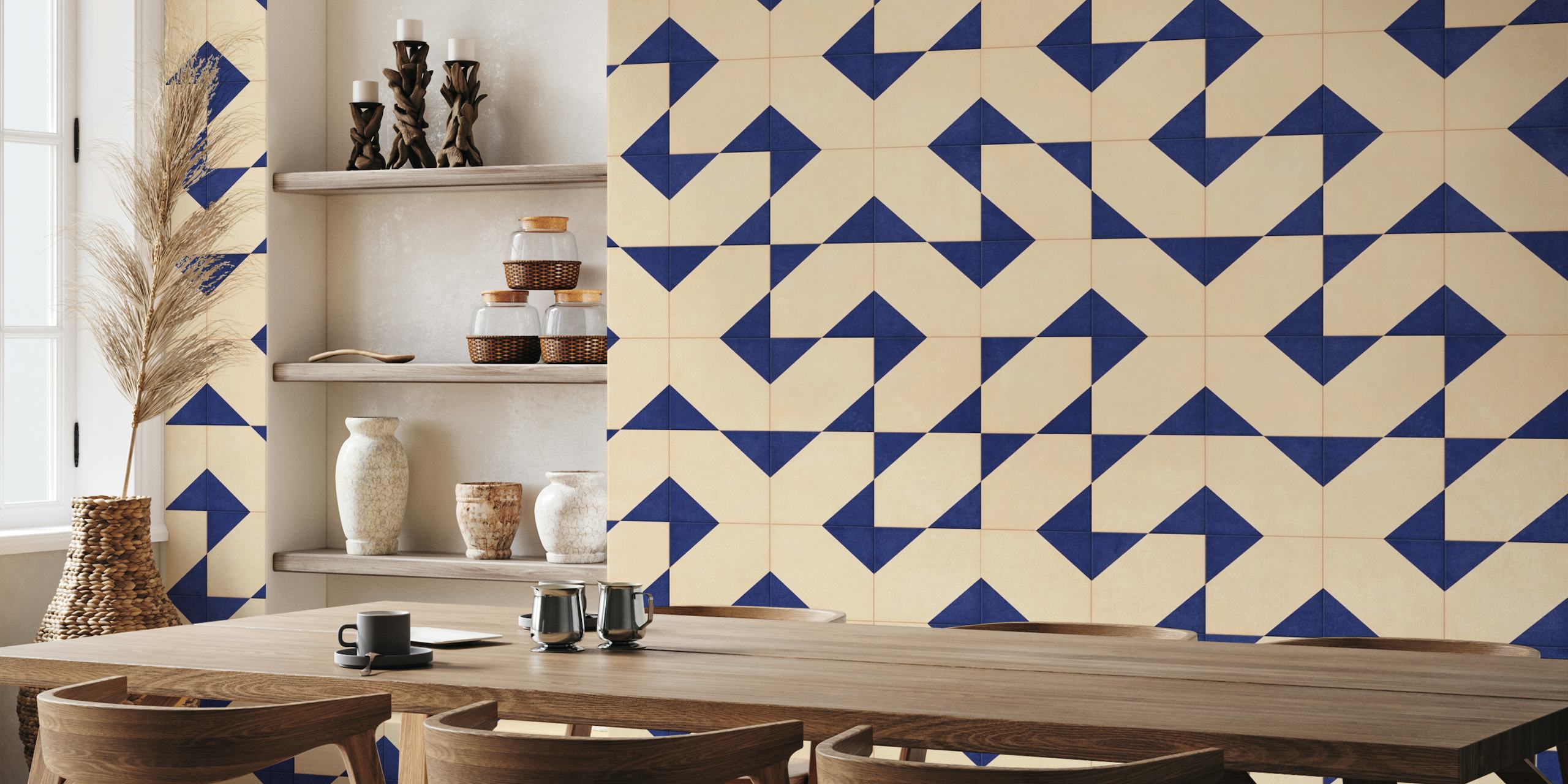 Geometric beige and navy tile wall mural