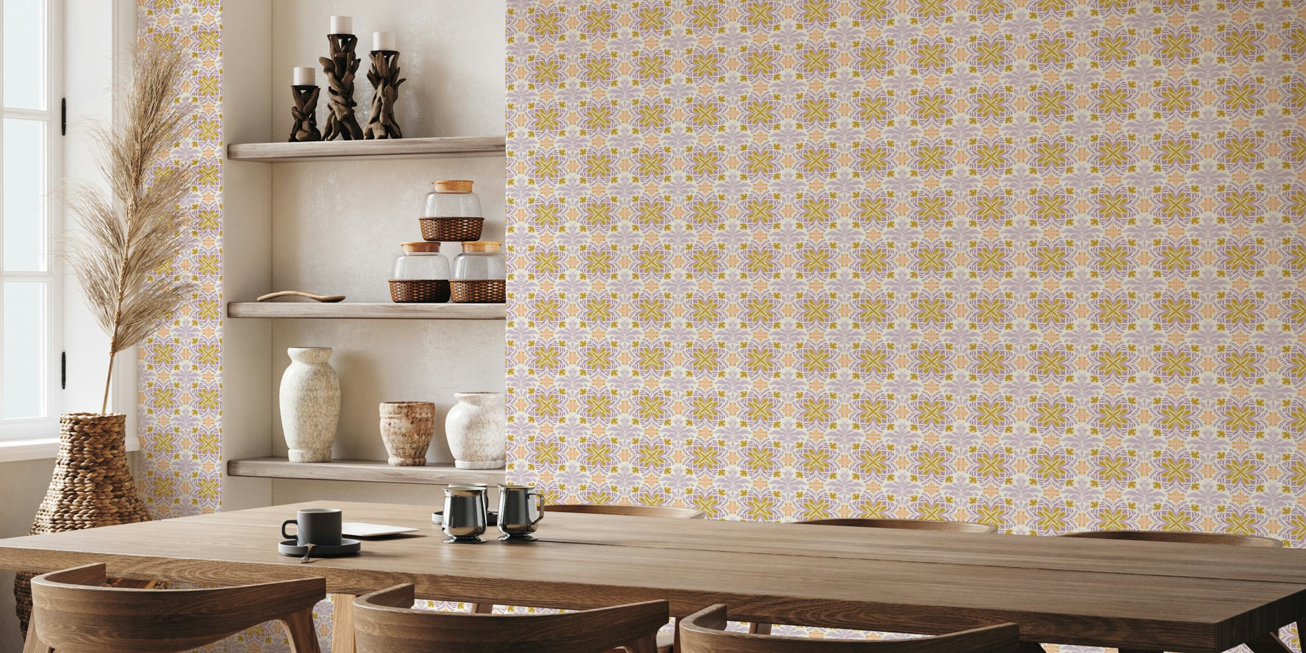 Purple floral wallpaper featuring intricate patterns in lavender, peach, and gold tones