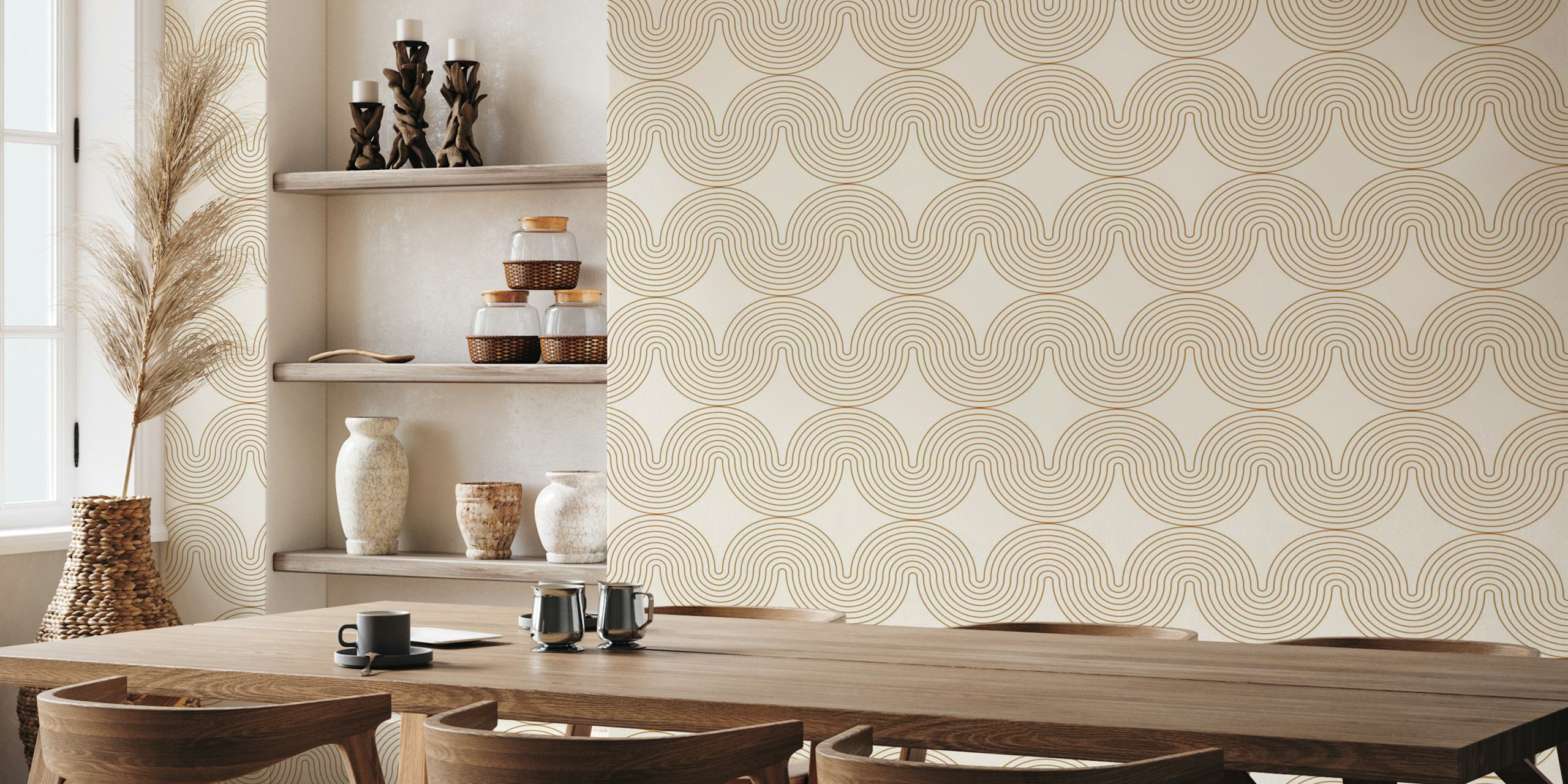 Mid century modern arch pattern in cream and gold wallpaper