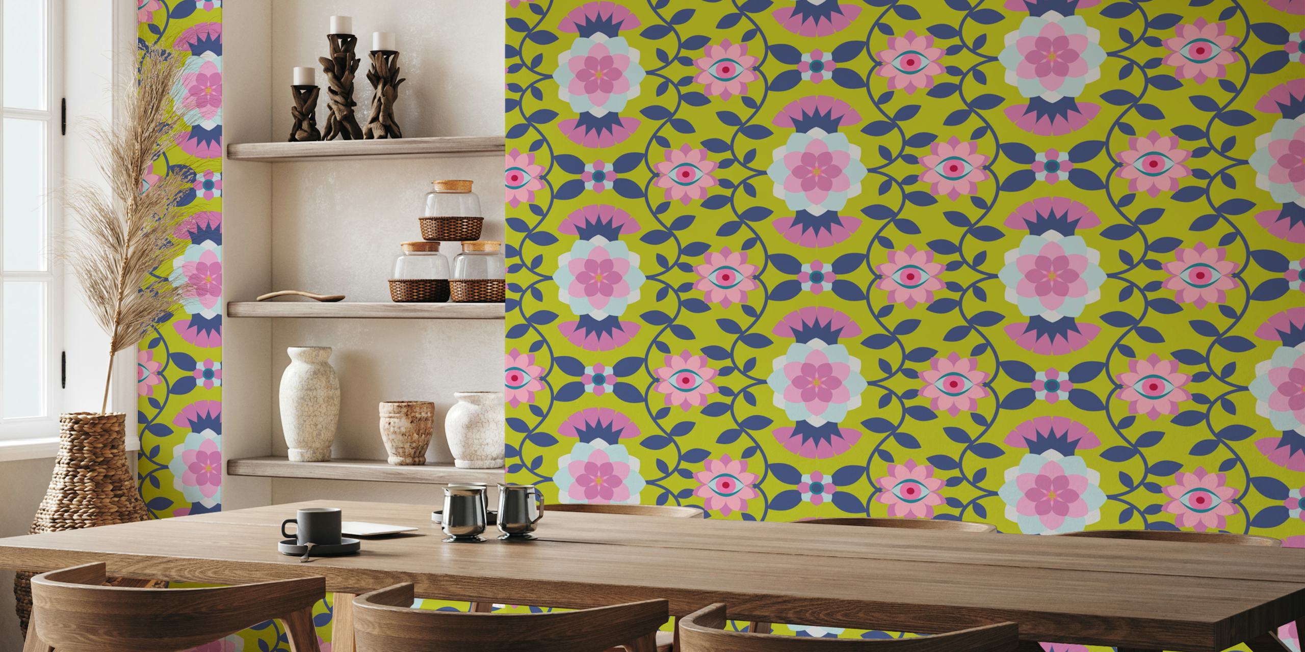 Bold Exotic Floral Pink Lime Blue wall mural with vibrant flowers and leaves pattern