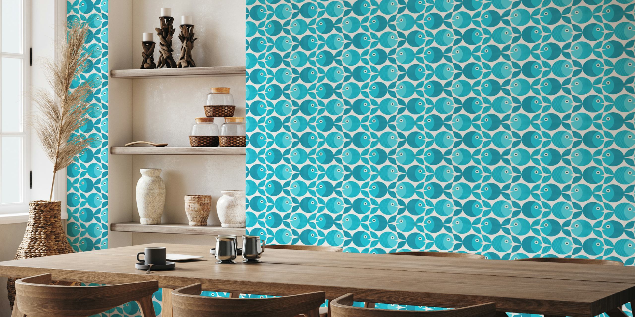 Blue geometric fish pattern wallpaper with various shades of blue