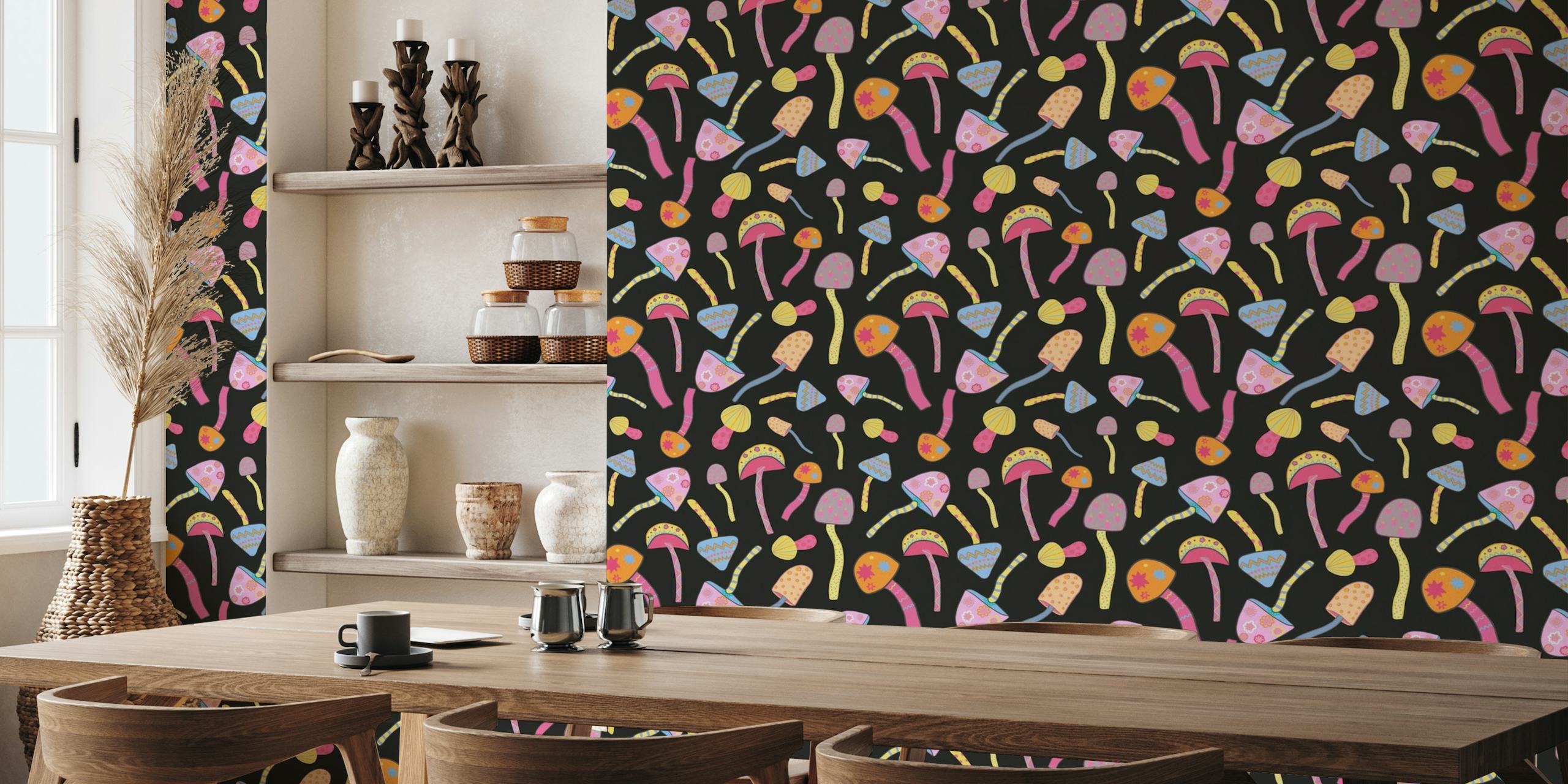 Colorful stylized mushrooms on a black background wall mural