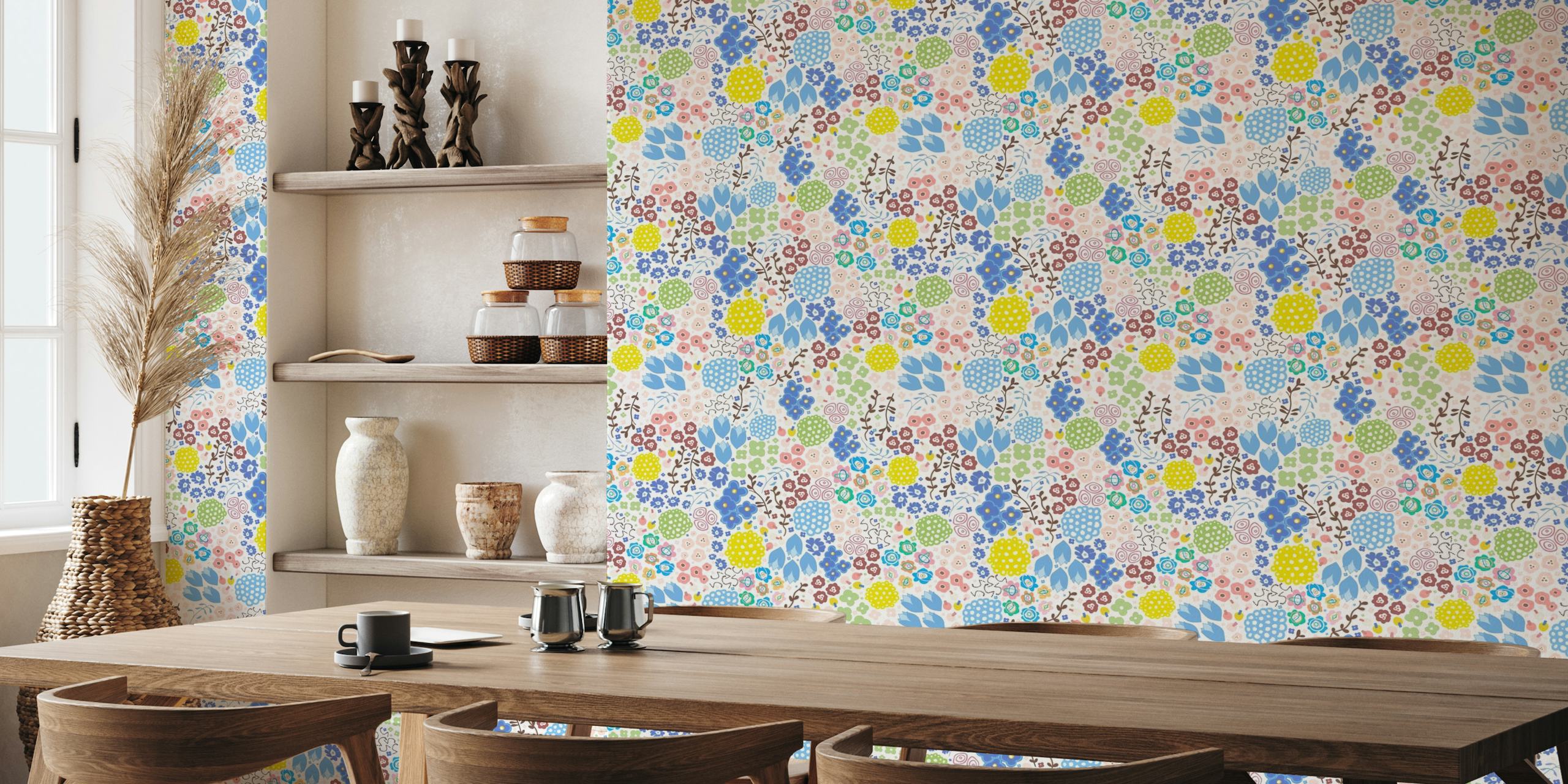 Värikäs abstrakti moderni kukkakuvioitu seinämaalaus, jossa on sekoitettuja kukkia ja lehtiä