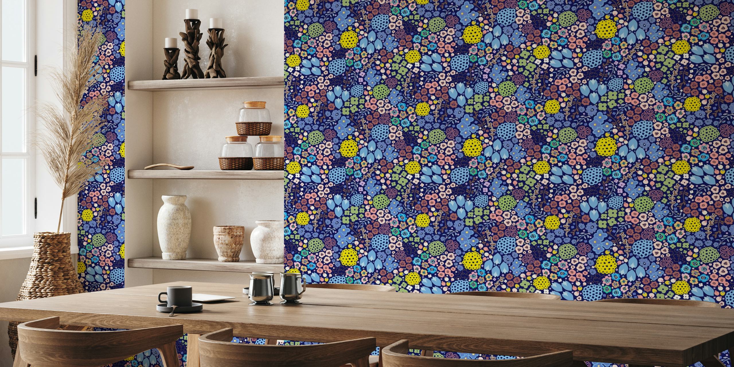 Abstract modern floral ditsy pattern navy wallpaper