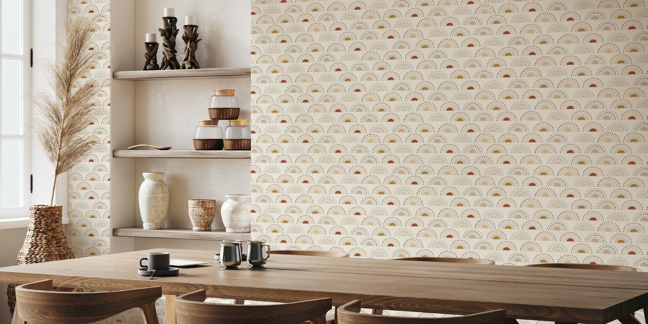 Boho rainbow sun design in warm colors with dots and lines wallpaper