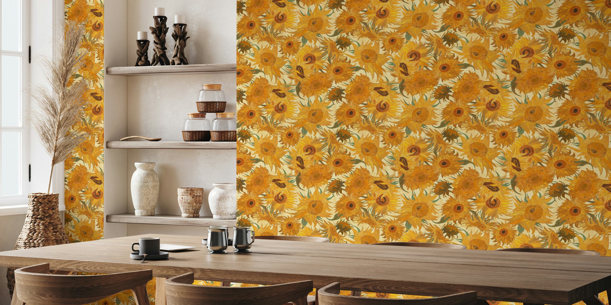 Van Gogh-inspired sunflower pattern wall mural with a yellow, sage green, and rust color scheme