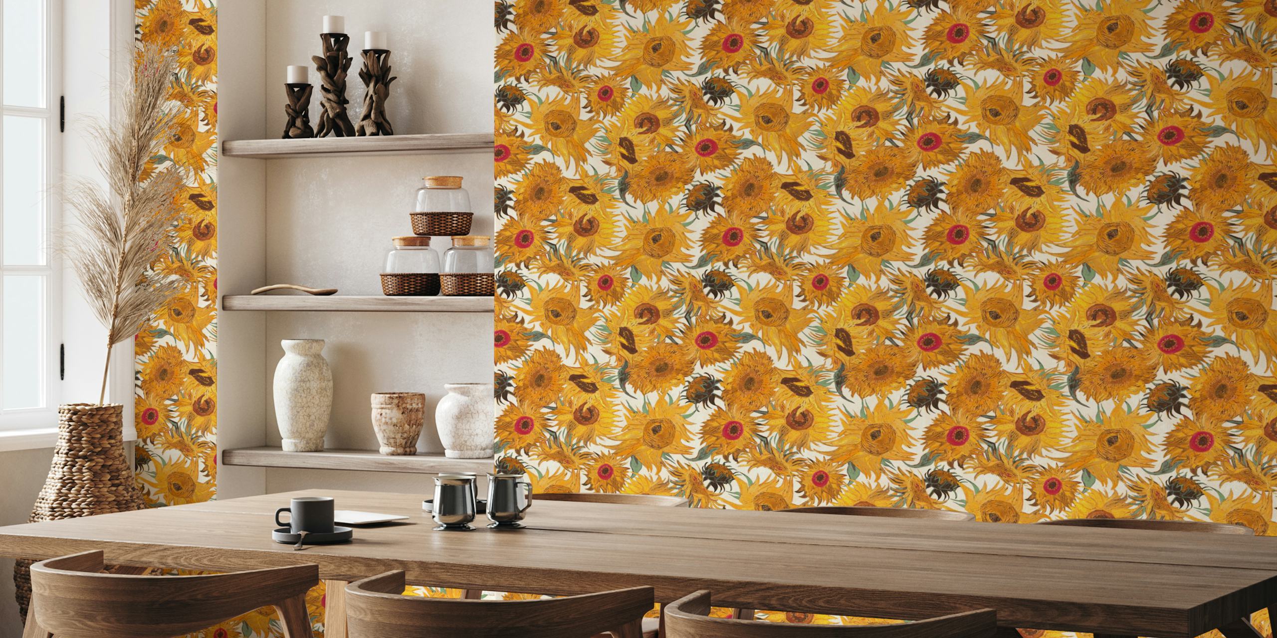 Mural de pared con estampado de girasoles de Van Gogh en colores crema, amarillo, verde salvia, óxido y marrón