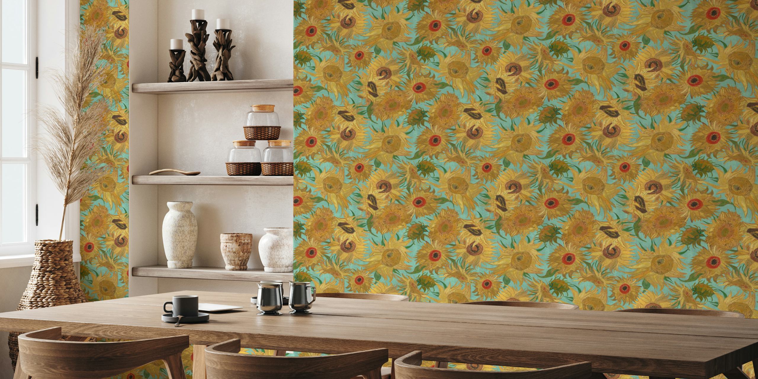 Van Gogh-inspireret solsikkemønster vægmaleri med gul, aqua, grøn, okker og rød farver på happywall.com